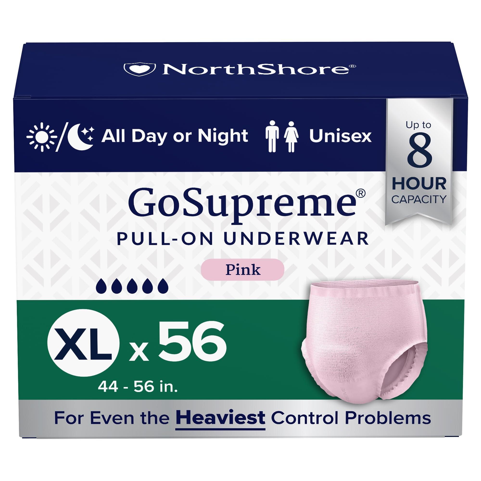 NorthShore NorthShore GoSupreme Overnight Incontinence Underwear, 8-Hour Pullup Style, X-Large, 56 Count Case, Pink, 44-56 inches, Unisex Adult Diapers