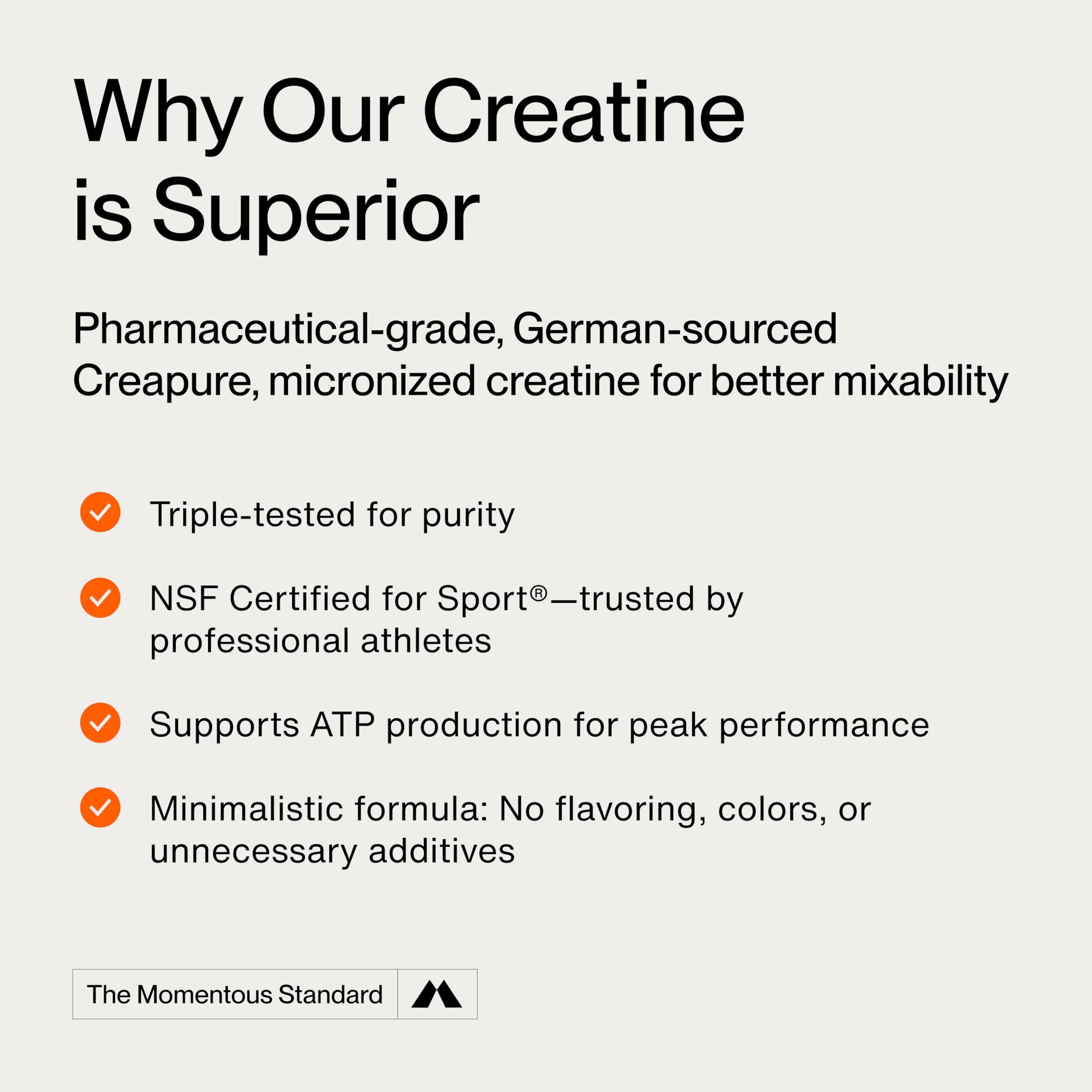 Momentous Momentous Creatine Monohydrate Powder - Creapure Creatine Powder Supports Strength, Lean Muscle, & Recovery for Men & Women - 5 g per Serving - 90 Servings