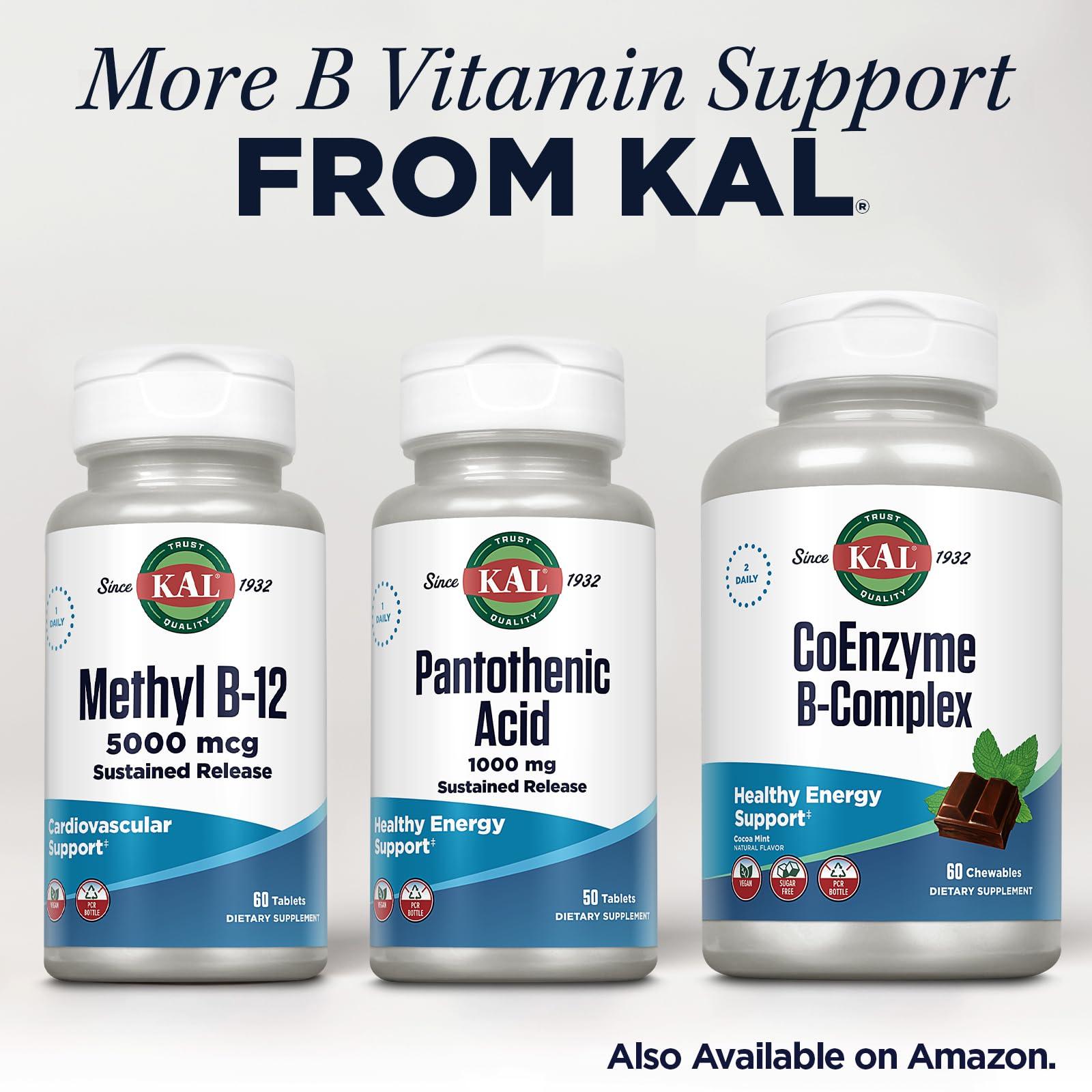 KAL KAL Pantothenic Acid 1000mg, Sustained Release Vitamin B5 - Energy Supplements - Supports Metabolism of Carbs, Fat and Protein, Hair and Skin Health, Vegan, 60-Day Guarantee, 50 Servings, 50 Tablets