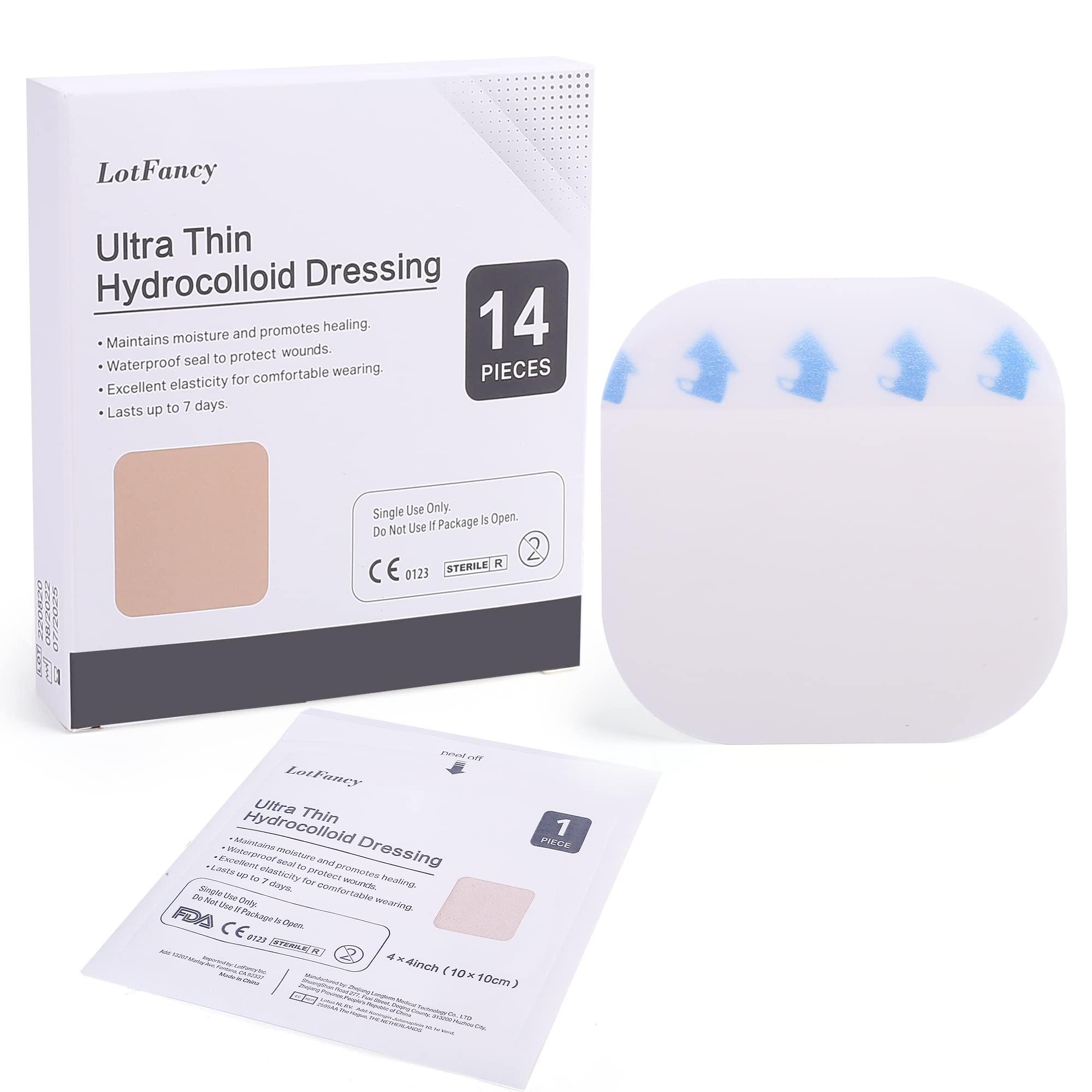 LotFancy LotFancy Hydrocolloid Bandages, 4x4, 14 Patches, Ultra Thin, FSA HSA Eligible, Large Hydrocolloid Dressing, Waterproof Wound Care Dressing Pad for Blister, Bed Sore, Burn, Pressure Ulcer Healing
