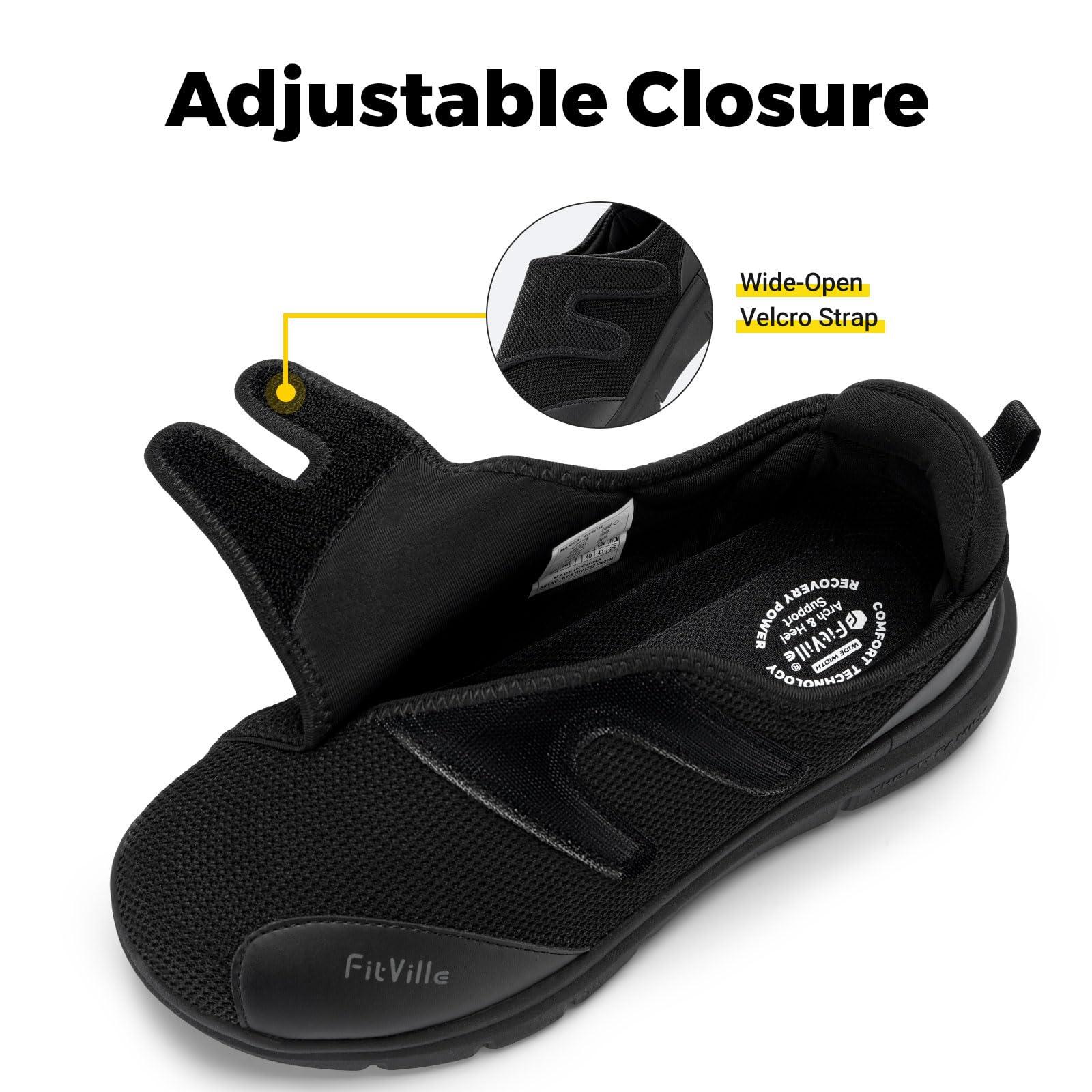 FitVille FitVille Diabetic Shoes for Men Extra Wide Width Orthopedic Slip-on Shoes Adjustable Closure Walking Sneakers with Arch Support Cushioning Therapeutic for Swollen Feet (10.5 Wide, Black)