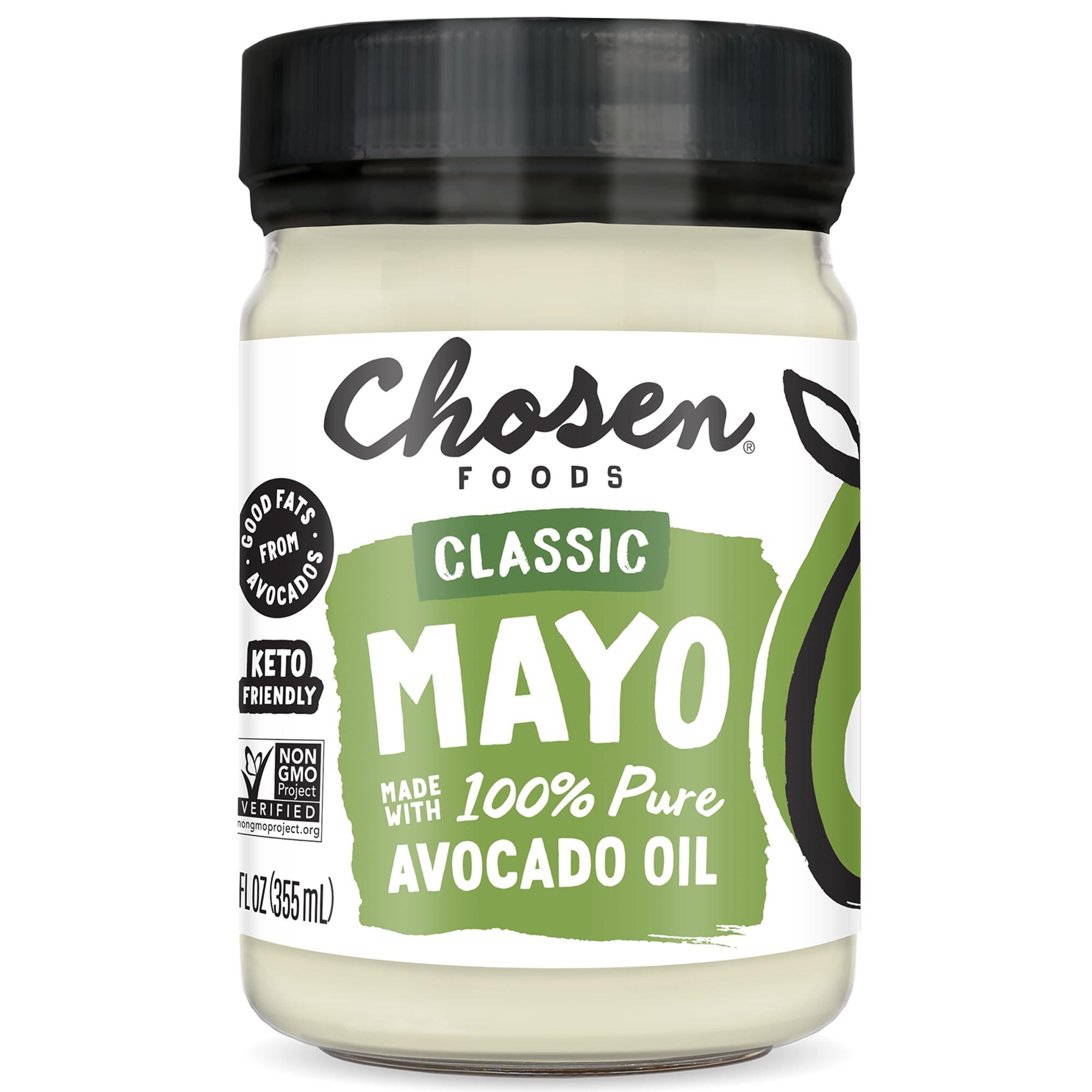 Chosen Foods Chosen Foods 100% Avocado Oil-Based Classic Mayonnaise, Gluten & Dairy Free, Low-Carb, Keto & Paleo Diet Friendly, Mayo for Sandwiches, Dressings and Sauces, Made with Cage Free Eggs (12 fl oz)