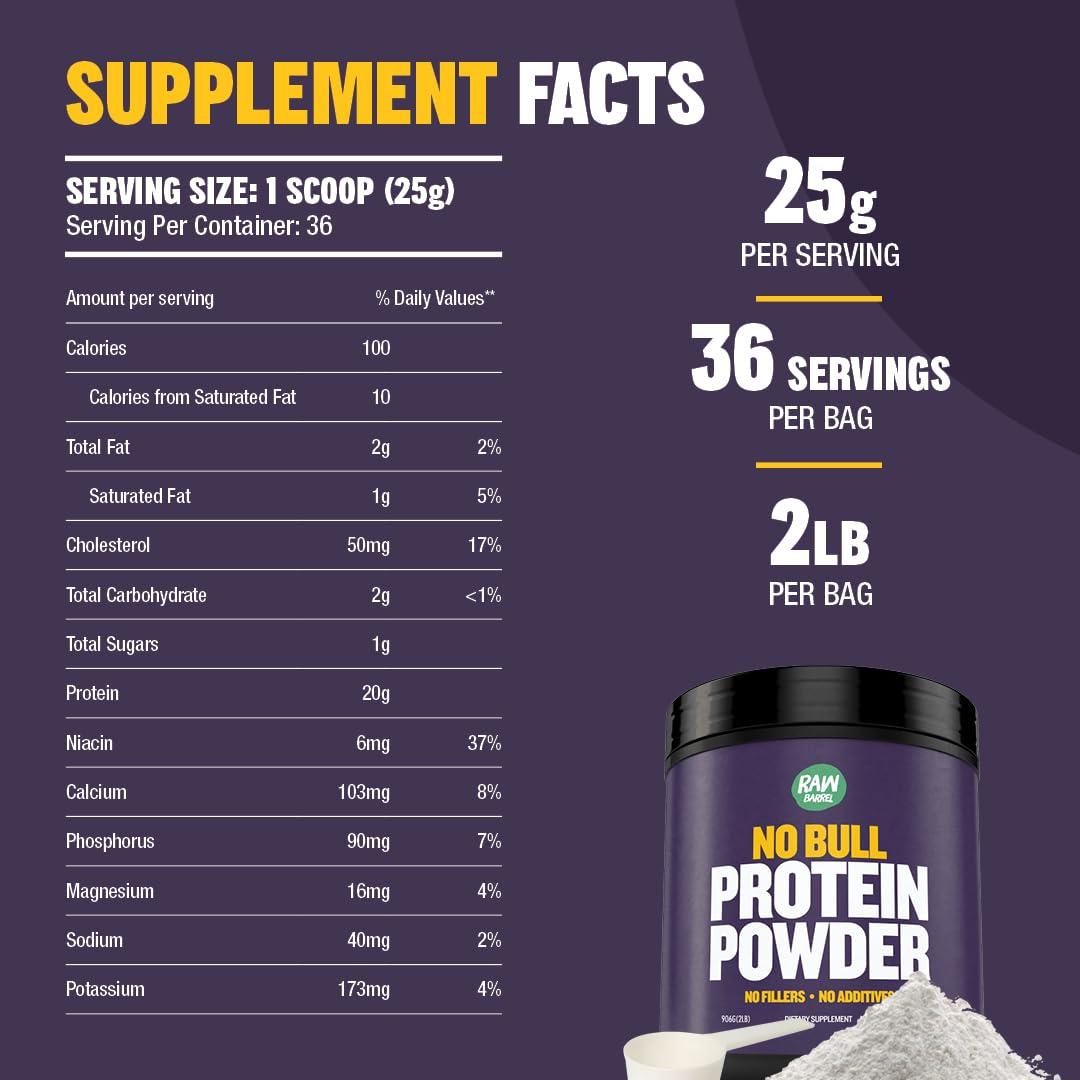 Raw Barrel Raw Barrel 2lb No Bull Unflavored Whey Protein Powder, Pure, Instantized Whey Supplement,High Protein, Low Carb, No Fillers, No Additives, Flavorless