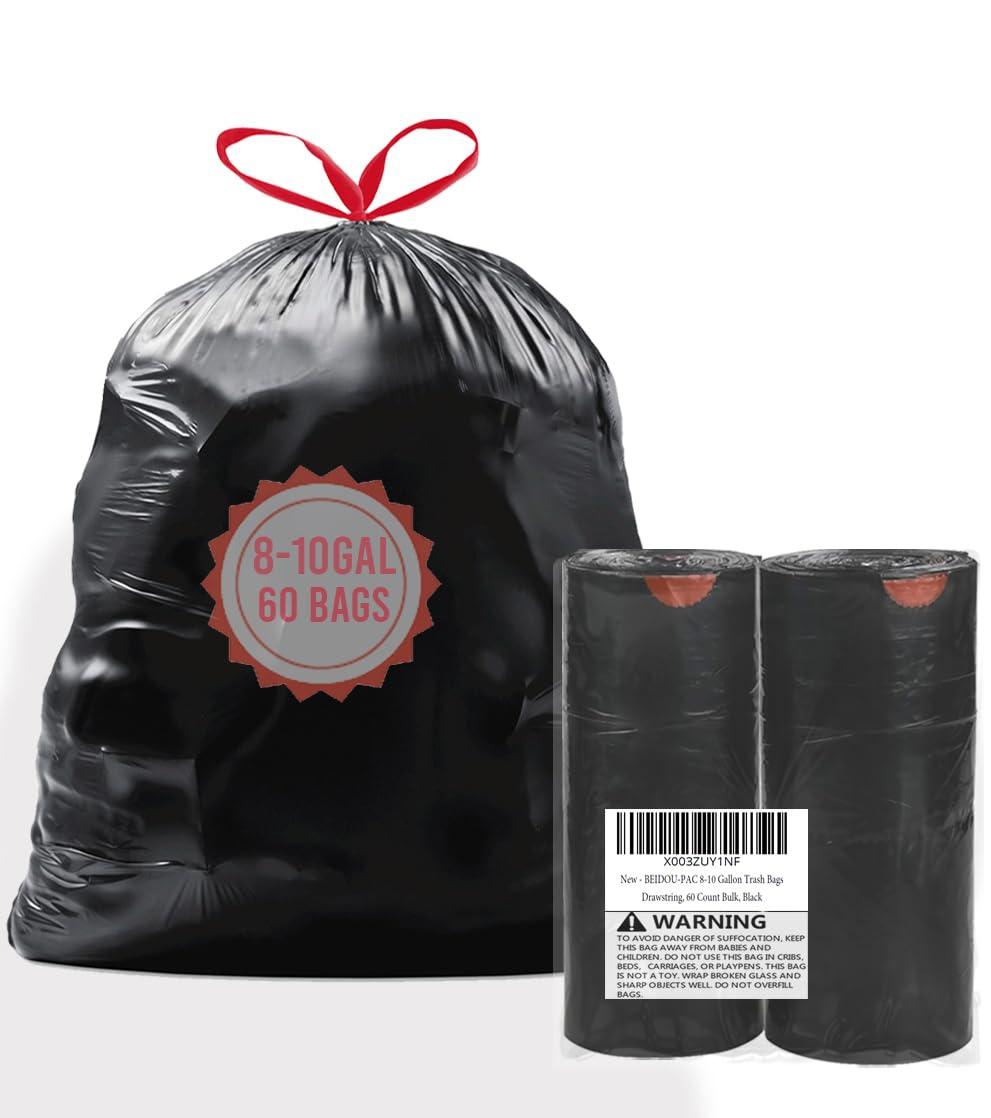 BEIDOU-PAC BEIDOU-PAC 8-10 Gallon Trash Bags Drawstring, 60 Count Bulk, Black & Unscented Multi-purpose Garbage Bags for Business Home Bathroom Kitchen Commercial and Industrial