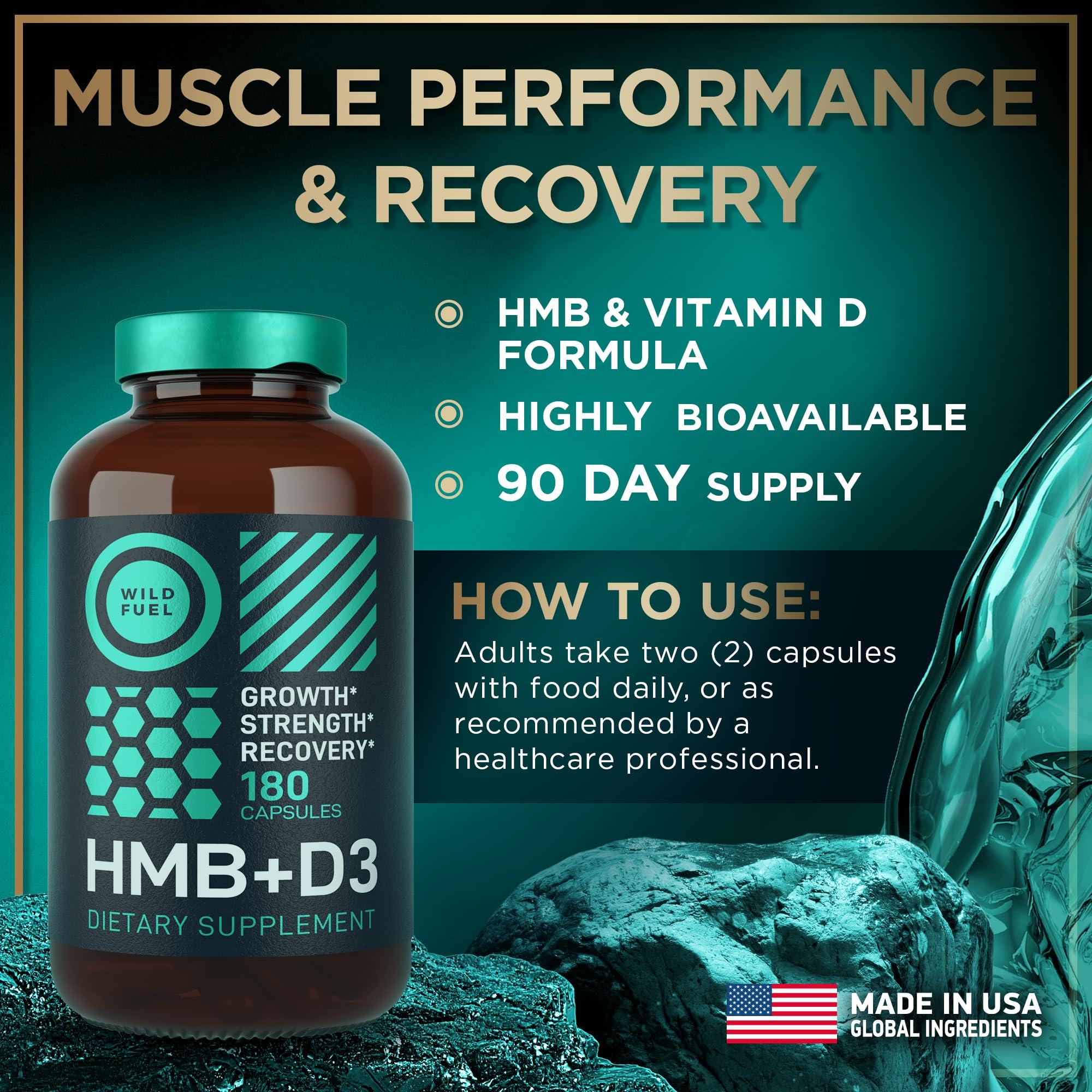 WILD FUEL HMB and Vitamin D3 Supplement Capsules - B-Hydroxy B-Methylbutyrate 1,000 MG HMB Supplements with Vitamin D3 - Muscle Growth, Strength, Performance and After Workout Muscle Recovery - 360 HMB Capsules