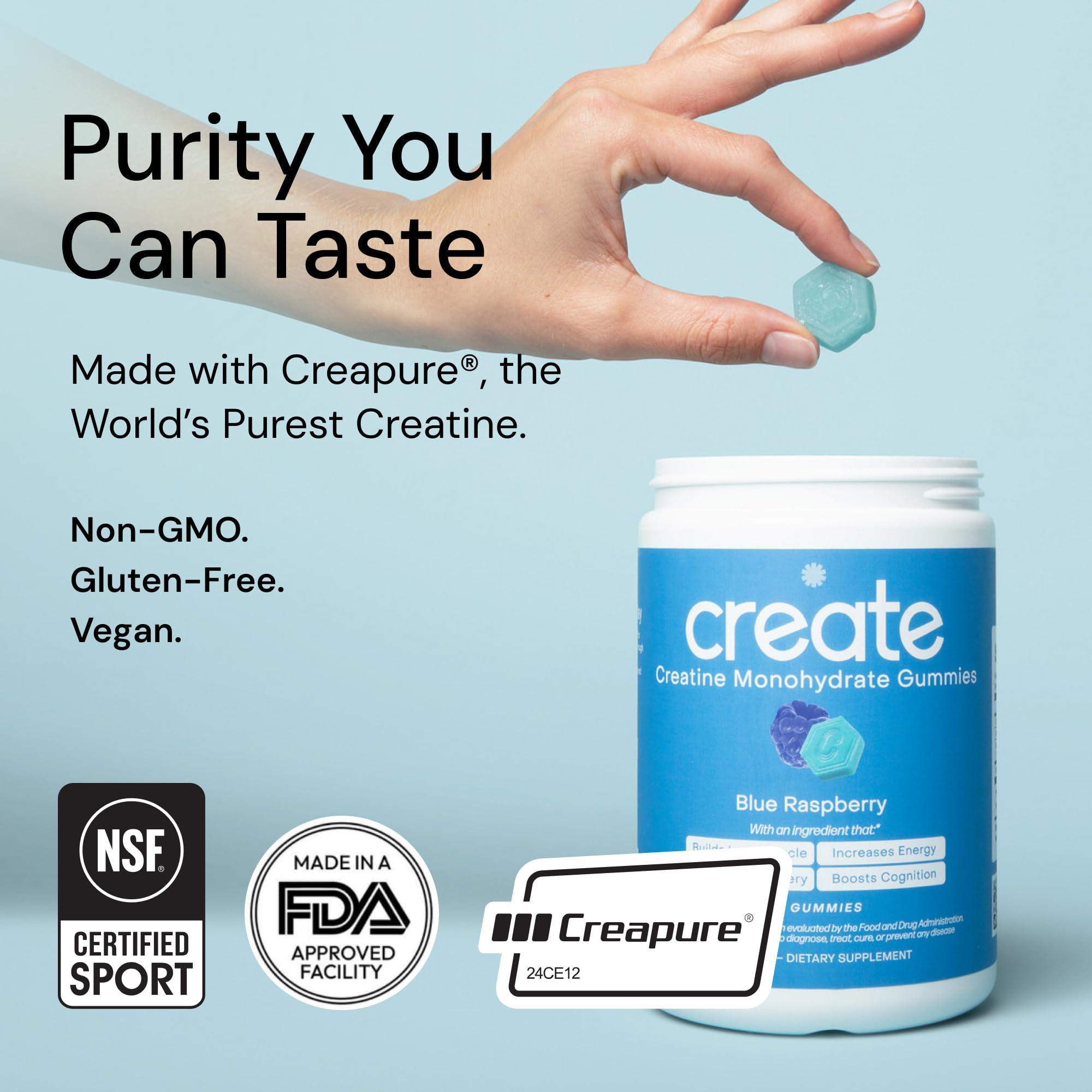 Create Create Creatine Monohydrate Gummies for Men & Women, Boost Focus, Strength, and Endurance, Anti-Melting Formula, Vegan, Gluten-Free, Non-GMO, 1.5g of Creatine per Gummy (Blue Raspberry, 90ct)