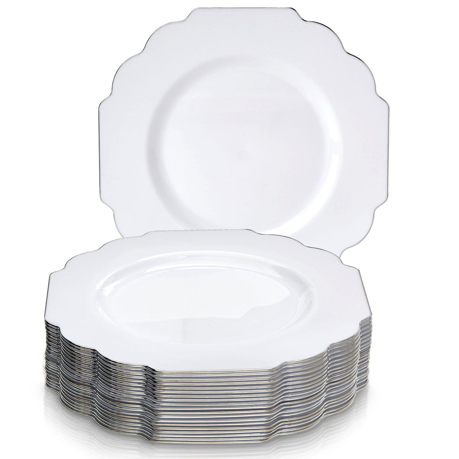 Silver Spoons SILVER SPOONS Elegant Plastic Plates for Party with Scalloped Rim (10 PC), Disposable Heavy-Duty Dessert Plates for Wedding Reception - 6, Fancy Plastic Dinnerware Sets with Silver Edge - White