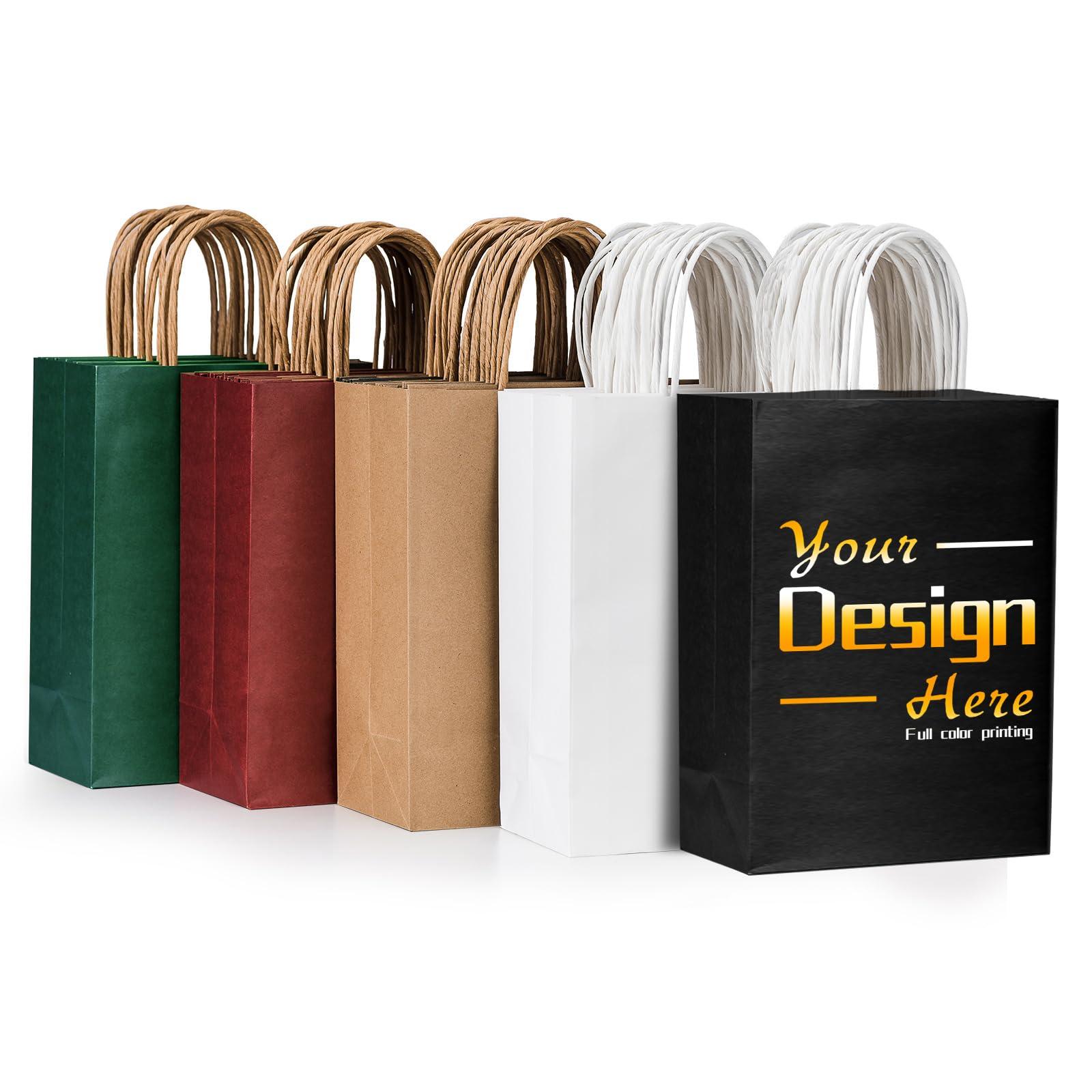 METAPRINT 300 PCS Custom Printed Kraft Paper Bags for Small Business, 5.8*3.2*8.25 Inch Small Size, Personalized Retail Gift Bags with Logo, Brown White Shopping Paper bag with Handle, Goodie Bags