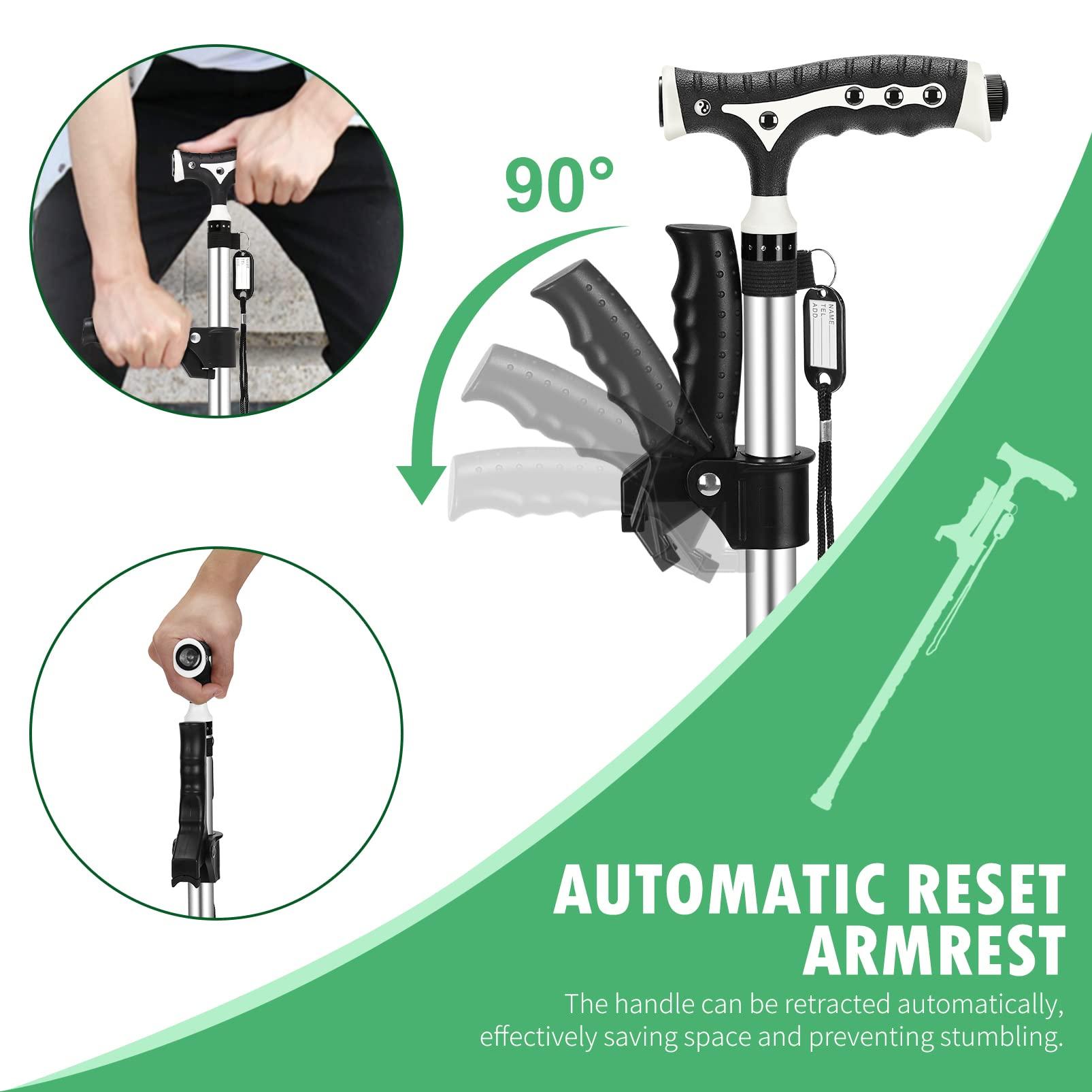 Yayayo Hold 440 Lbs Walking Cane for Men & Women Aluminum Alloy Lightweight Height Adjustable Walking Stick Heavy Duty Foldbale Free Standing Cane with LED for Seniors Adults Black