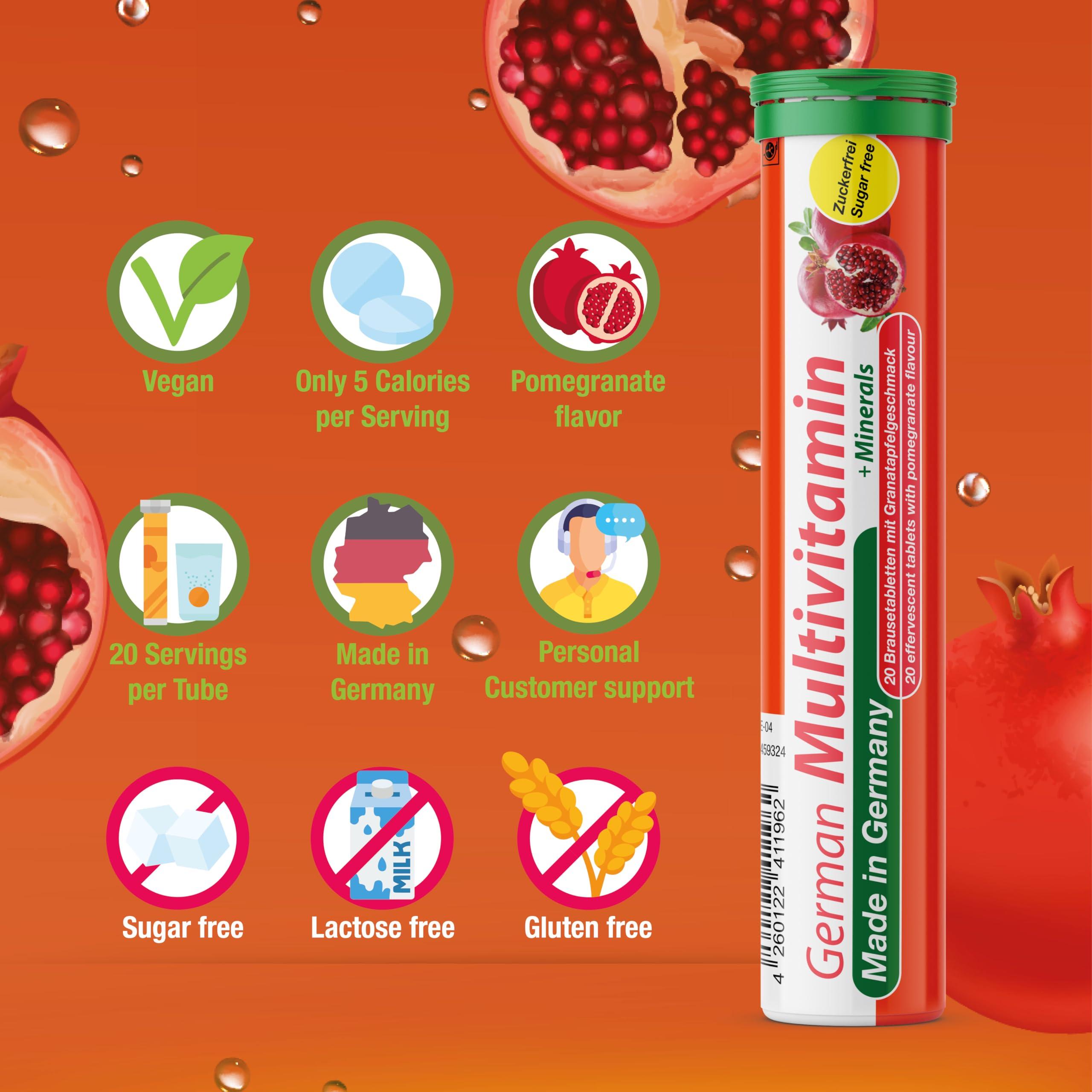 T&D T&D German Multvitamin + Minerals 10 Vitamins 2 Minerals - 40 Vegan Drink Effervescent Tablets - Pomegranate Flavor - Made in Germany