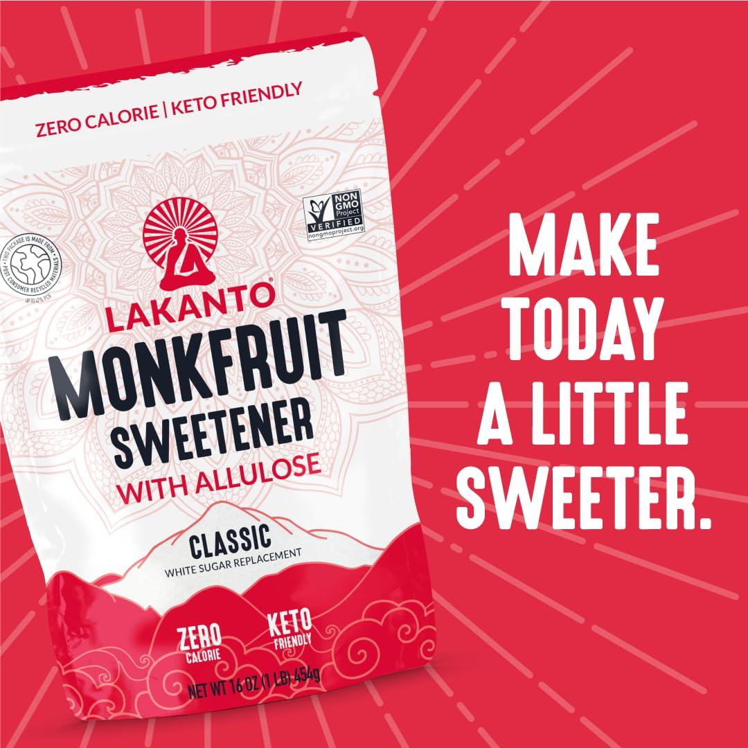 Lakanto Lakanto Classic Monk Fruit Sweetener With Allulose, White Sugar Substitute From Monk Fruit Extract for Baking, Coffee & Tea, Gluten Free, Zero Calorie, Low Carb, Non GMO, Keto, Classic White, 1 LB Bag