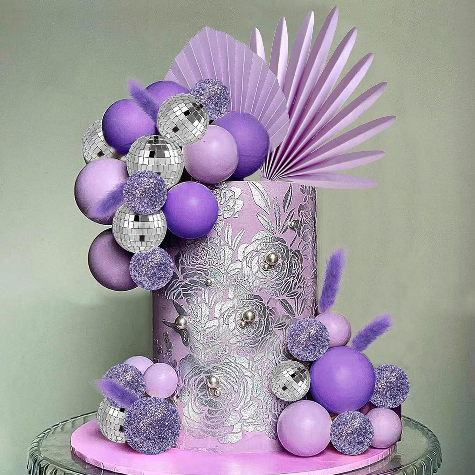 ICNYEKl ICNYEKl 38 Pcs Purple Cake Decorations,Disco Ball Balloons Cake Topper Wedding,Palm Leaves Boho Cupcake Toppers for Anniversaries,Baby Showers,Birthday Cake Decoration Supplies