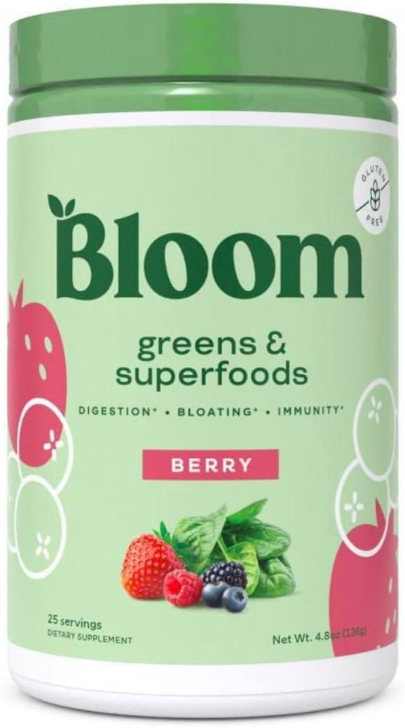 Bloom Bloom Nutrition Greens and Superfoods Powder - Berry Smoothie & Juice Mix (Pack of 1) Probiotics for Digestive Health & Bloating Relief for Women, Digestive Enzymes Superfoods Gut Health
