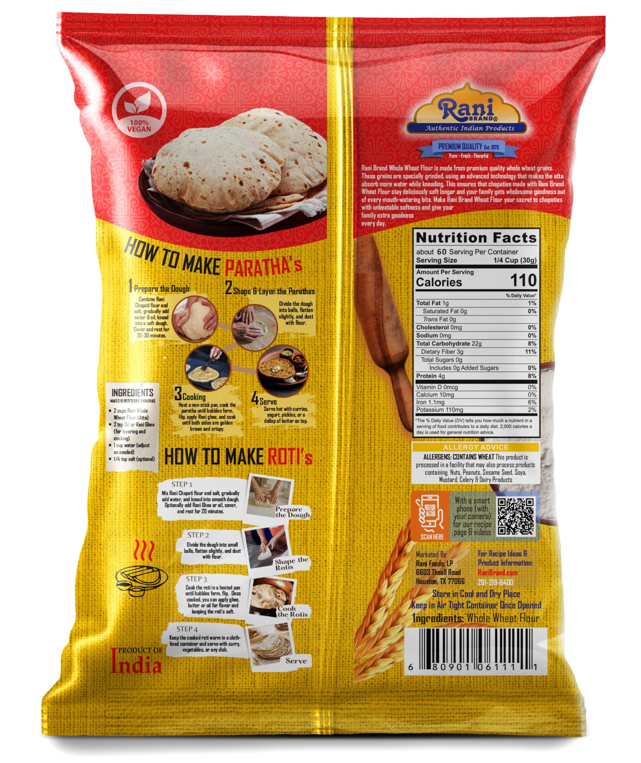 Rani Brand Authentic Indian Products Rani Chapati Flour (100% Pure Whole Wheat Atta), For Making Roti & Indian Breads 64oz (4lbs) 1.81kg Bulk ~ All Natural | Vegan | No Salt or Colors | NON-GMO | Kosher | Indian Origin
