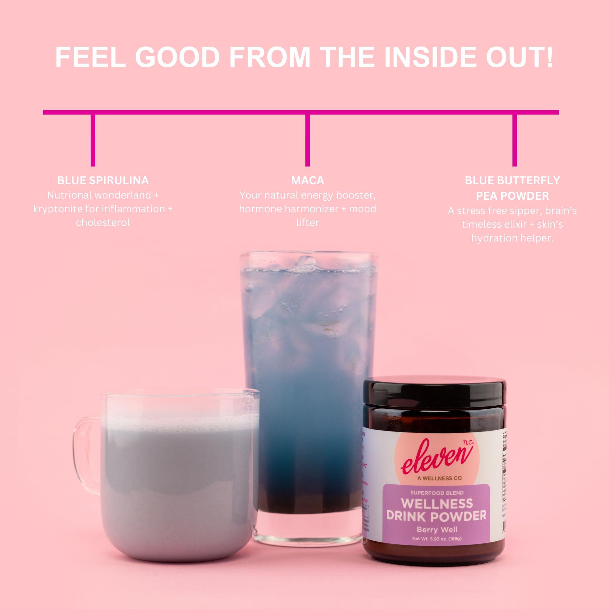 ELEVEN TLC A WELLNESS CO. Eleven TLC, Berry Well Superfood Wellness Drink Latte + Mix, Caffeine-Free, or Herbal Tea, Blue Spirulina, Blue Butterfly Pea Flower, Organic Maca, Keto Friendly, Vegan, 63 Servings