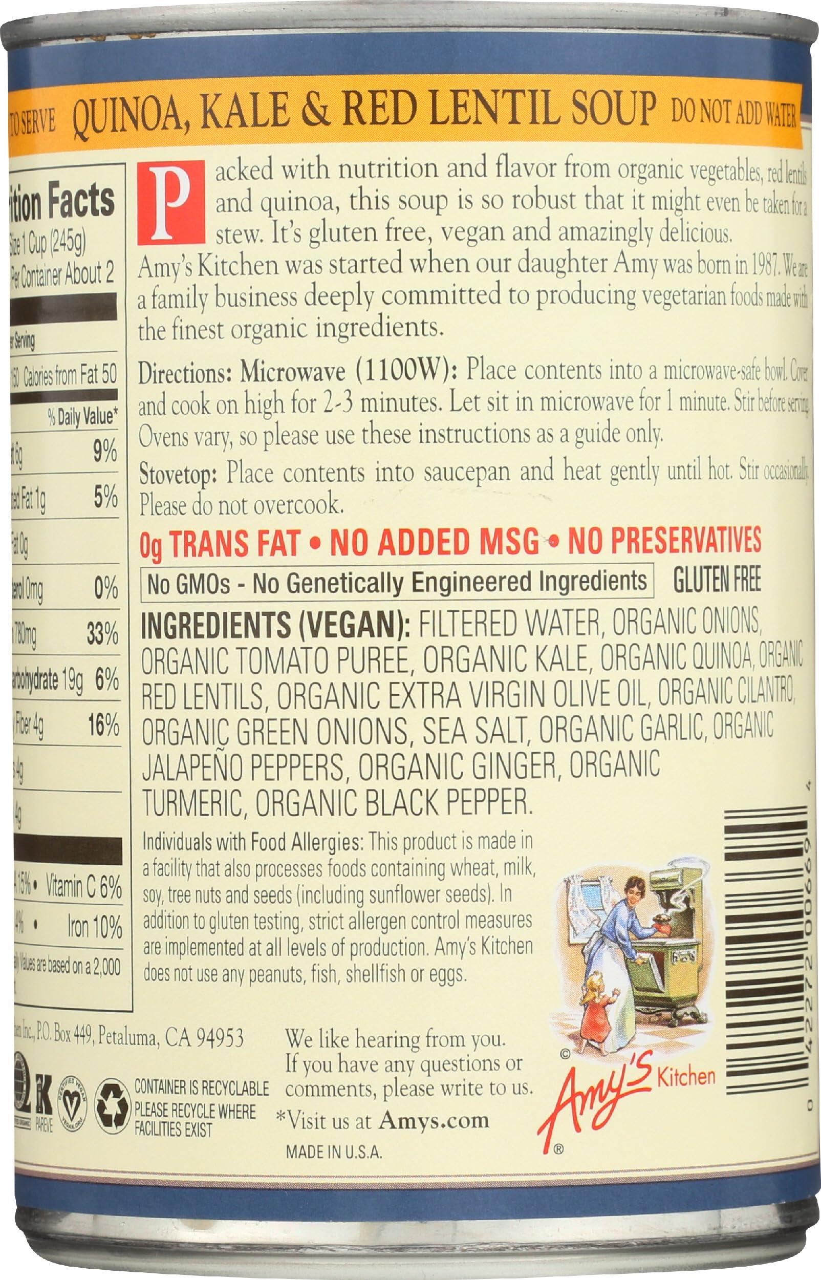 Amy's Amy\'s Soup, Vegan Quinoa, Kale and Red Lentil Soup, Gluten Free, Made With Organic Vegetables and Lentils, Canned Soup, 14.4 Oz