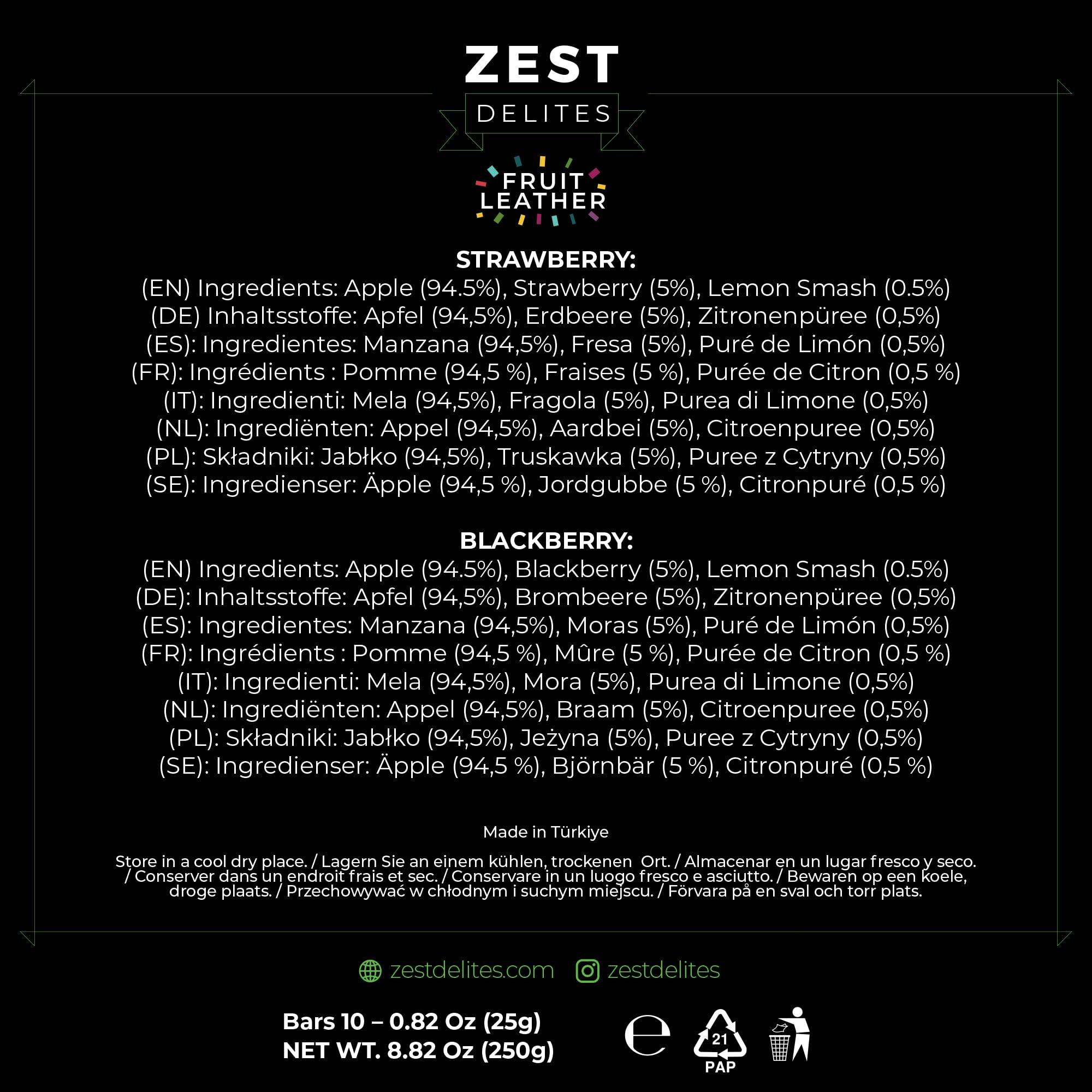 ZEST Delites Dried Fruit Bars by Zest Delites, Fruit Leather, Fruit Strips, Healthy Snacks Pack for Adults, Fruit Snacks, Lavashak, Apple-Based, Blackberry, Strawberry, 0.88 oz x 10