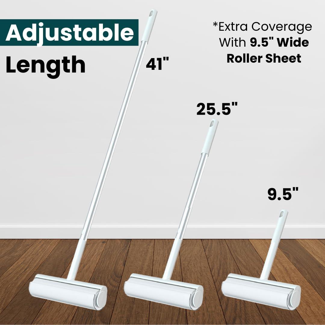 Beyond Thursday Large Lint Roller with Extra Sticky Roller and 420 Sheets 9.5\" Wide, Floor Lint Roller Long Handle, Extendable to 41\", Carpet, Couch, Pet Hair, Clothing Cleaning Supplies (Navy Roller + 7 Refills)