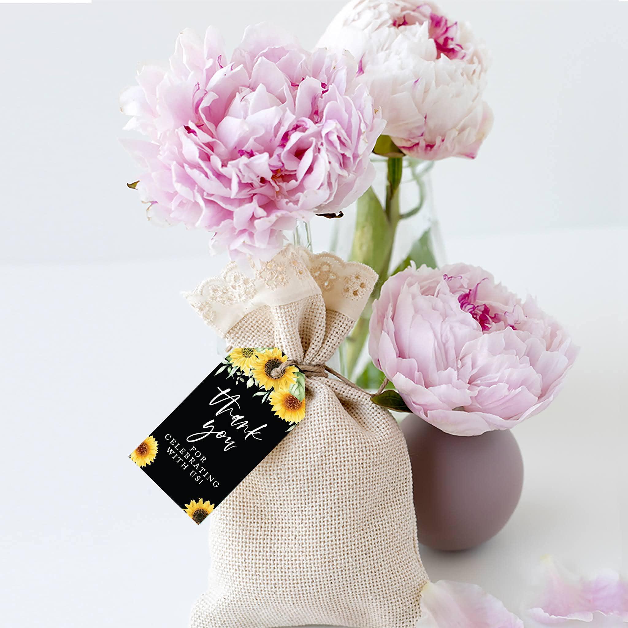 Andaz Press Andaz Press 100-Pack Thank You for Celebrating with Us Favor Tags Sunflowers Black Background Cardstock Gift Tags with Bakers Twine for Wedding Baby Shower Bridal Shower Party Favors 2 x 3.75-Inches
