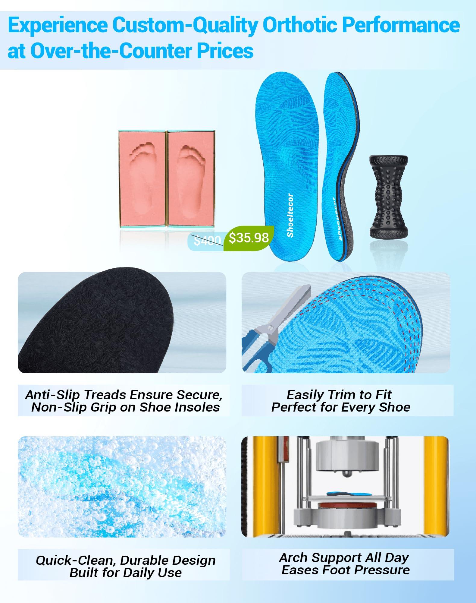 Shoeltecor Shoeltecor Insoles Relieve Plantar Fasciitis Overpronation Heel Pain,Correction of Flat feet and High Arch,Providing Excellent Shock Absorption and Cushioning,Bundle with Manual Foot Massagers