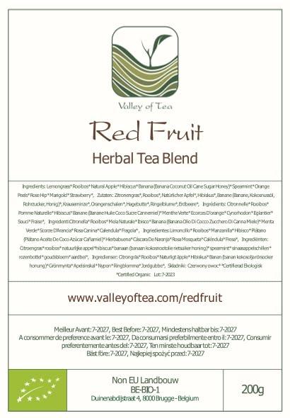 Valley of Tea Red Berry Organic Fruit Tea - Fruit Tea Tisane - Fruity Herbal Infusion - Red Berries Tea Red Berry Tea Red Fruits Tea 200g
