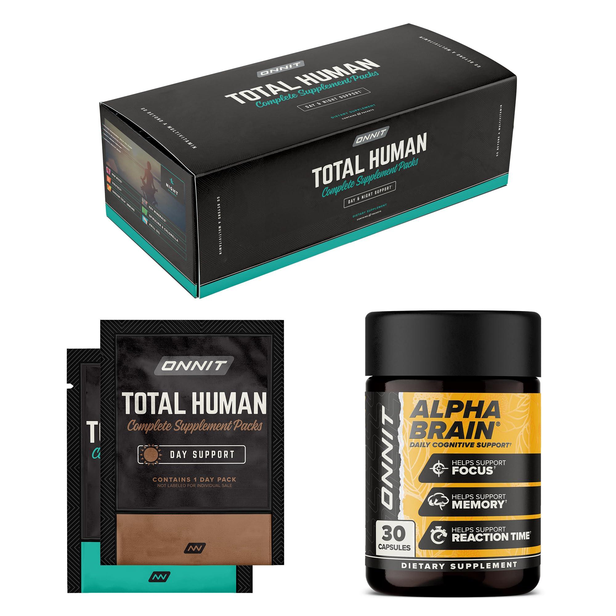 ONNIT ONNIT Premium Alpha Brain Bundle - Nootropic Brain Supplement (30 Count) for Focus, Concentration & Memory + Total Human Day and Night Vitamin Packs for Men and Women (30-Day Supply)