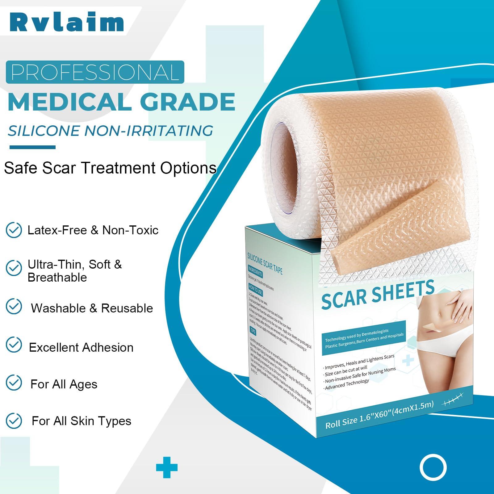 Rvlaim Silicone Scar Sheets, Silicone Scar Tape(1.6x 60 Roll-1.5M), Silicone Scar Strips, Professional Scar Removal Sheets for Surgical Scars, Keloid, C-Section, Burn et