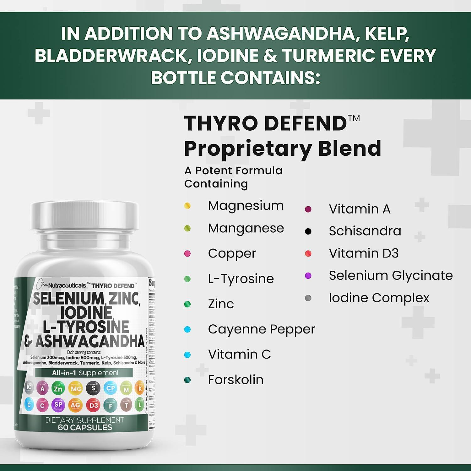 Clean Nutraceuticals Clean Nutra Selenium 300mcg Iodine 500mcg Thyroid Support for Women & Men | L Tyrosine 500mg Ashwagandha Supplement Bladderwrack, Turmeric, Kelp, Schisandra Zinc Pills Capsule Supplements