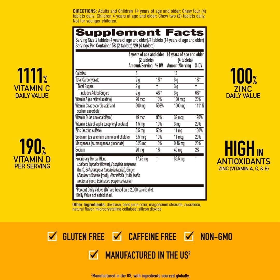 Airborne Airborne 1000mg Vitamin C + Zinc Immune Support Supplement Chewable Tablets, Very Berry Flavor with Powerful Antioxidants Vitamins A C & E, 116 Chewable Tablets (2 Pack)
