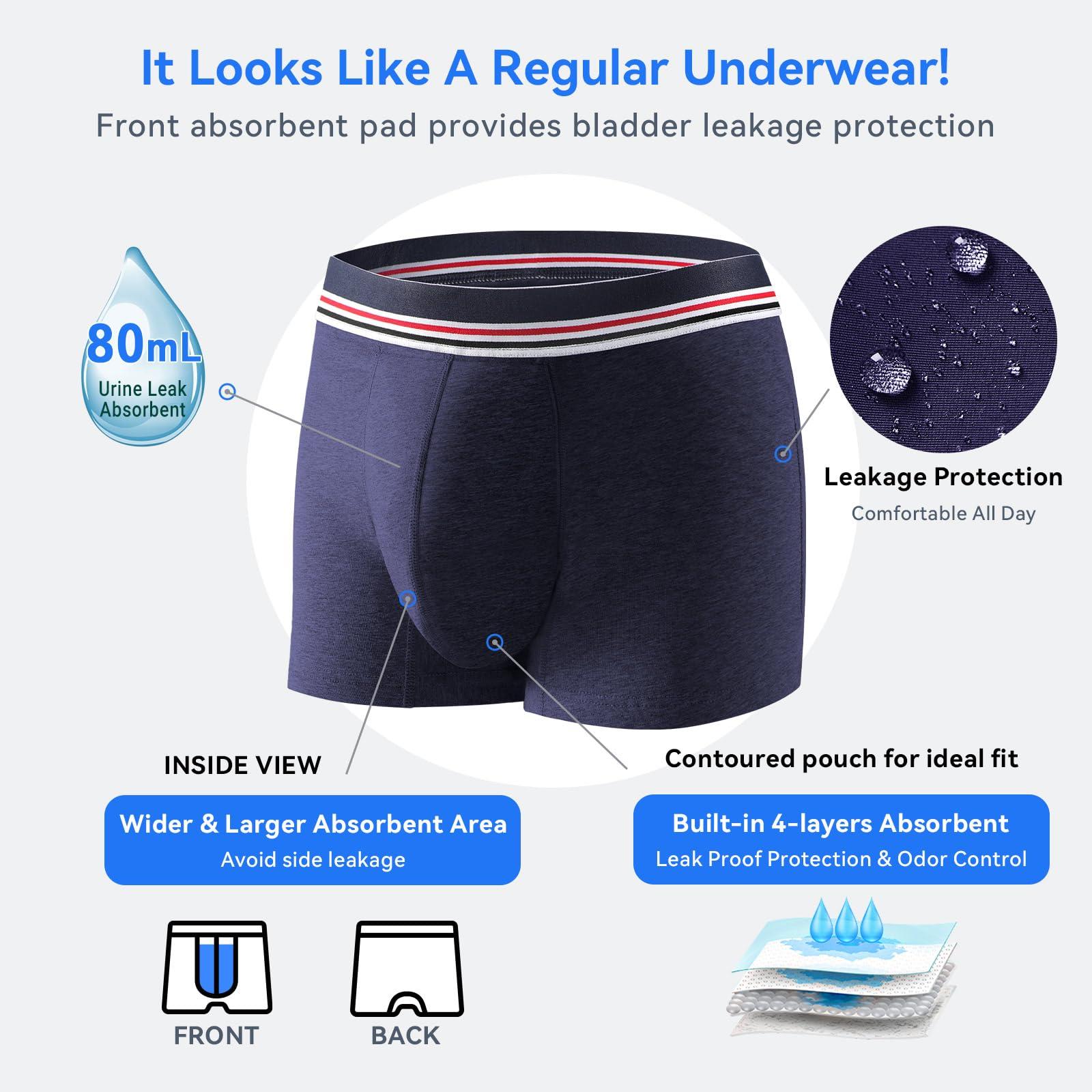 CARER Healthcare Incontinence Pregnancy CARER Washable Incontinence Underwear for Men, Front Absorbent Urine 80ml, 2 Pack, Large, Blue/Gray, Reusable, Waterproof