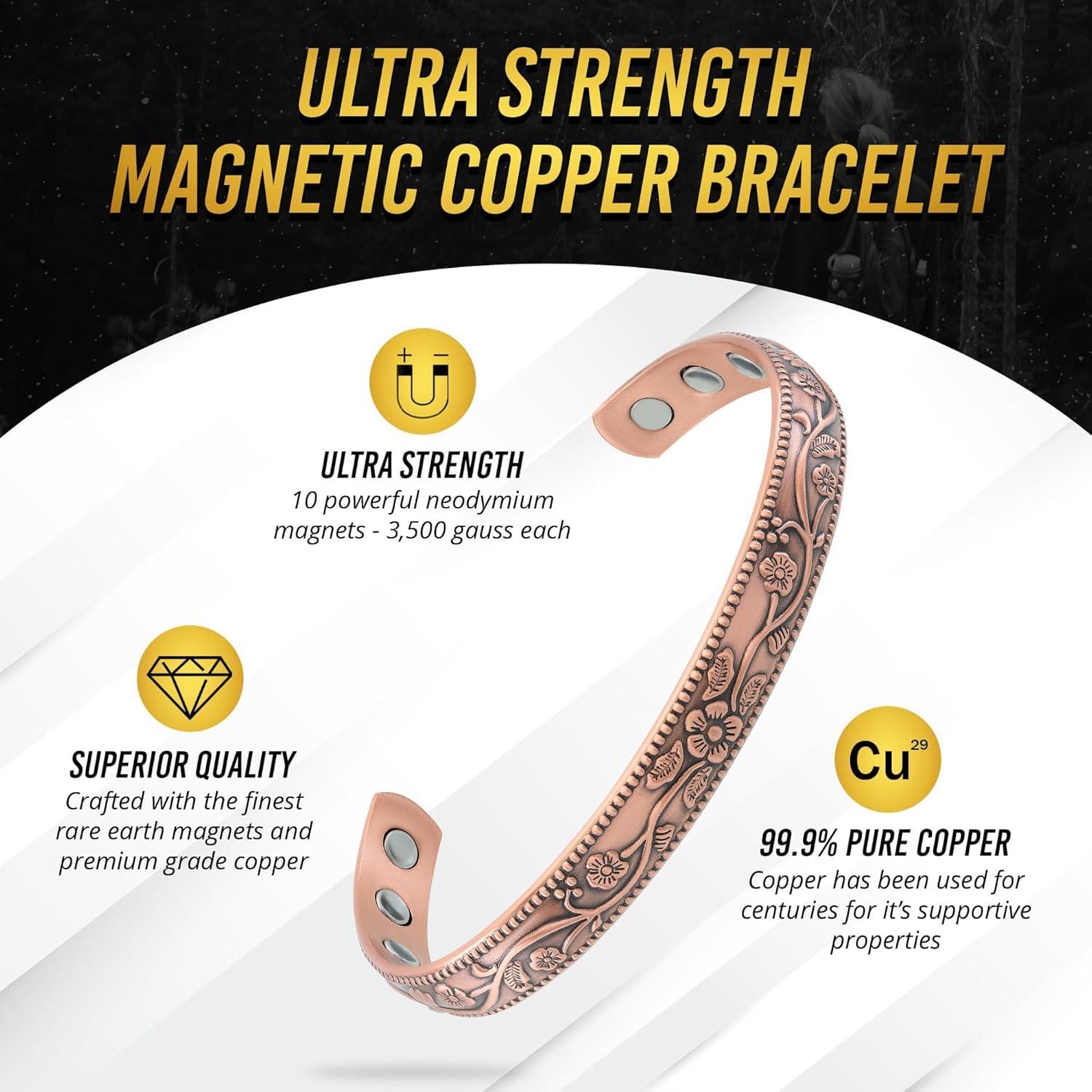 MagnetRX MagnetRX Women\'s Copper Bracelet Effective 99.9% Pure Copper Magnetic Bracelets for Women Adjustable Womens Copper Cuff Bracelet Bangle (Floral Style)