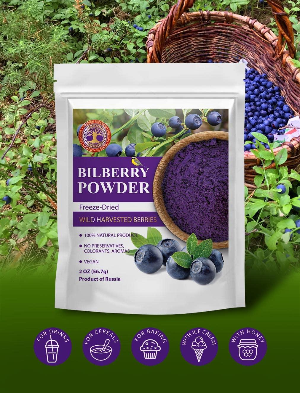 Siberian Treasure Wild Harvested Bilberry Freeze-Dried Powder 2 Oz Natural Bilberry Powder, No added sugar, No GMOs
