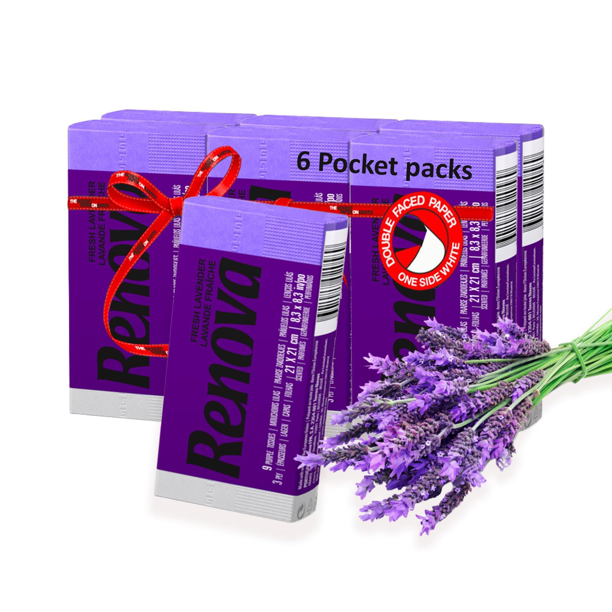 Roll-lux Renova Scented Pocket Tissue - 9 Tissues/Pack - 3-Ply (6 Pocket Packs, Purple Lavender)