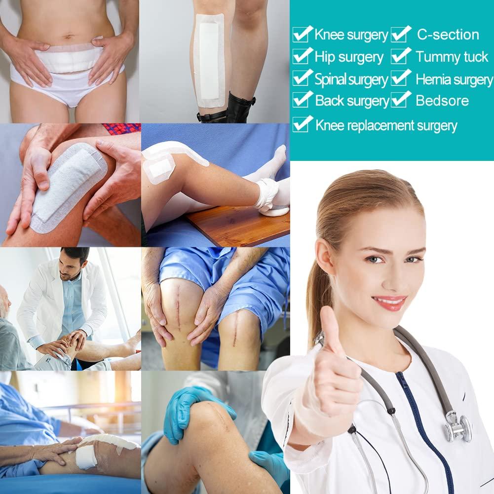 SinaiSea Waterproof Knee Replacement Surgery Adhesive Island Dressings Hip Surgery Shower Protector Bandage Patches for Long Incision Post Surgical Wounds Cover Breathable Bordered Gauze 4\"x8\"(Pack of 10)