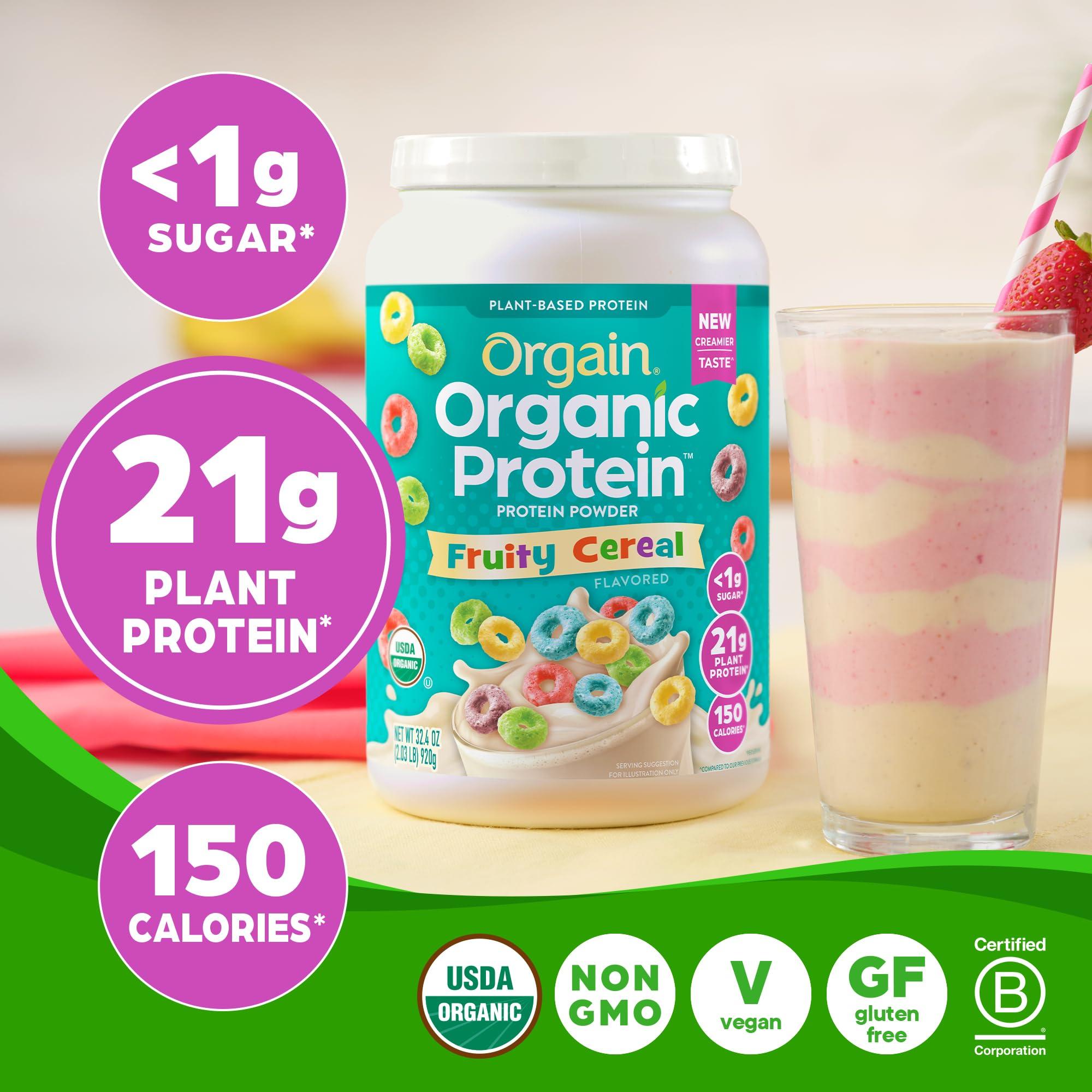 Orgain Orgain Organic Vegan Protein Powder, Fruity Cereal - 21g Plant Based Protein, 8g Prebiotic Fiber, Low Net Carb, No Lactose Ingredients, No Added Sugar, Non-GMO, For Shakes & Smoothies, 2.03 lb