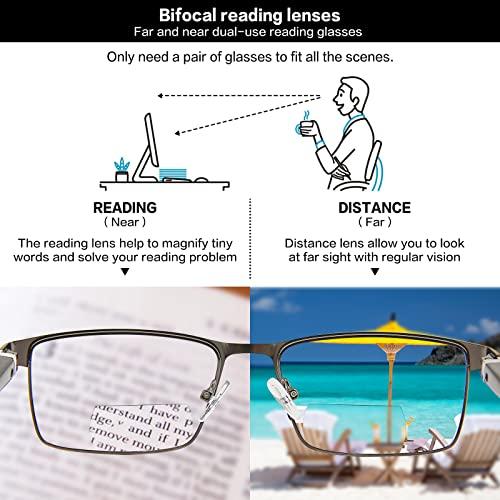 LKEYE Bifocal Reading Glasses for Men Blue Light Blocking Computer Readers Lightweight Metal Frame Eyewear Spring Hinge 2PACK 1.25