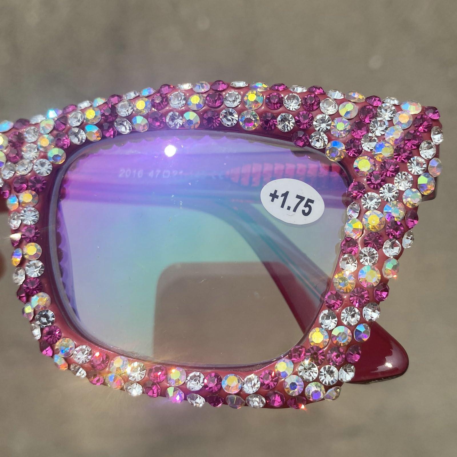 mincl mincl Oprah style Bling Rhinestone Reading Glasses for Women Shiny Diamond Blue Light Blocking Ladies Square Readers (rose, 1.25, x)