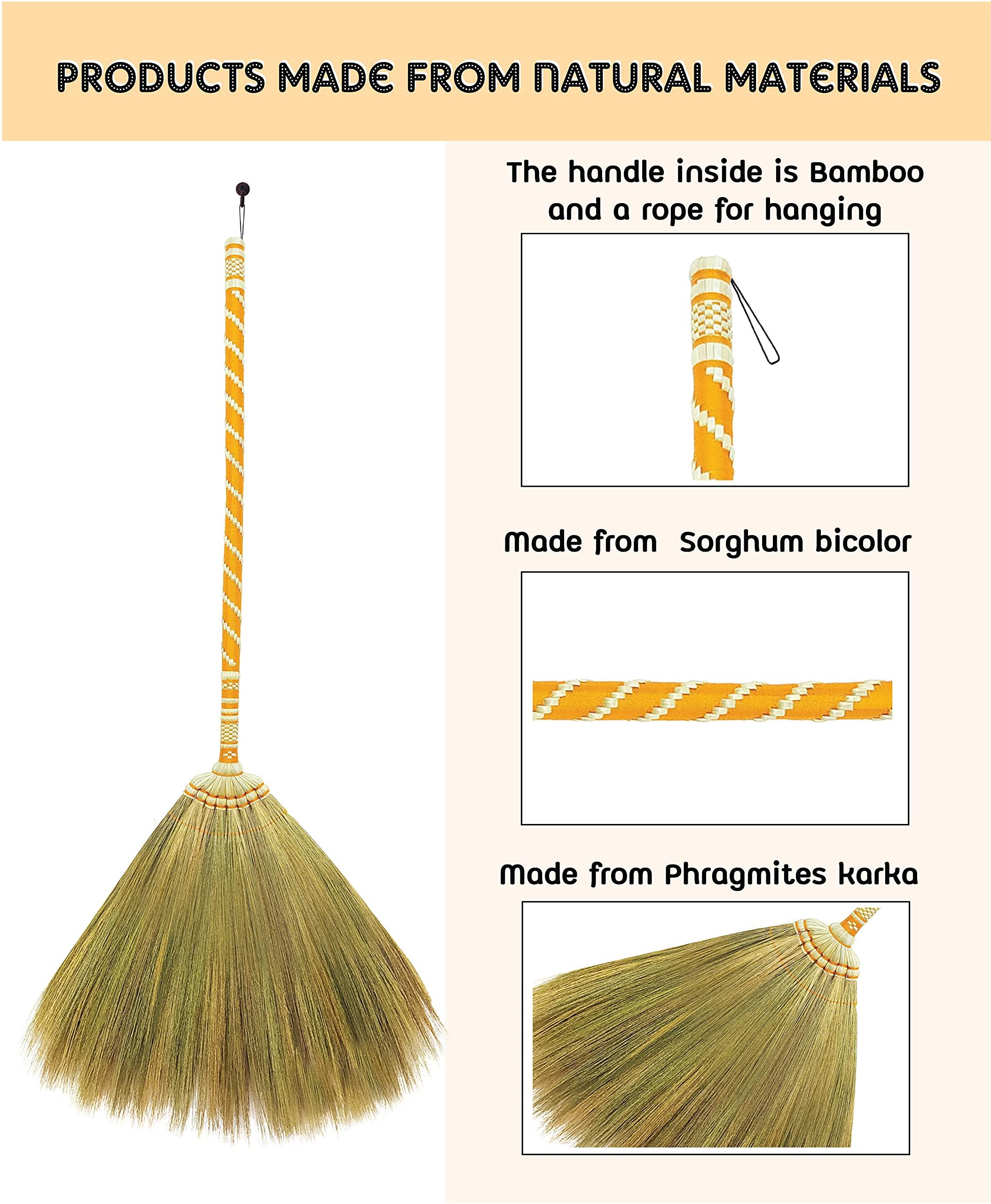 AW BROOMS Asian Straw Broom Thai for Cleaning Floor,Housewarming Gift,Thai Vintage Retro Grass Broom Stick, Hardwood Sweeper with Brush Power and Circle Cleaning ( Length 40 inch )