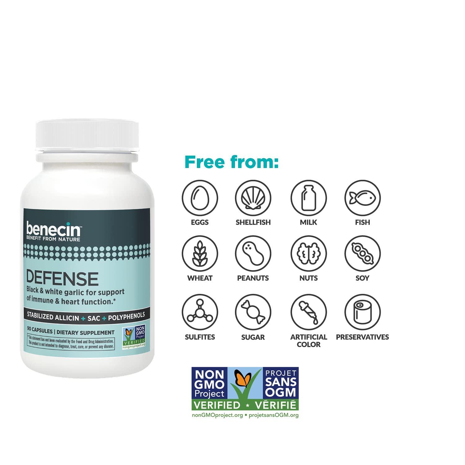 Benecin Benecin Defense 1500 mcg Stabilized Allicin per Capsule | Plus high Amounts of SAC & Polyphenols from Black Garlic | Powerful Support of Immune & Heart Function (90 Count, 90, Count)