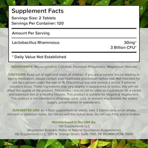 Natural Foundation Supplements Lactobacillus Rhamnosus Probiotic Supplement 240 Tablets 3 Billion CFU Probiotics for Men & Women Supports Intestinal Digestive & Gut Health Made in The USA (240, Lactobacillus Rhamnosus)