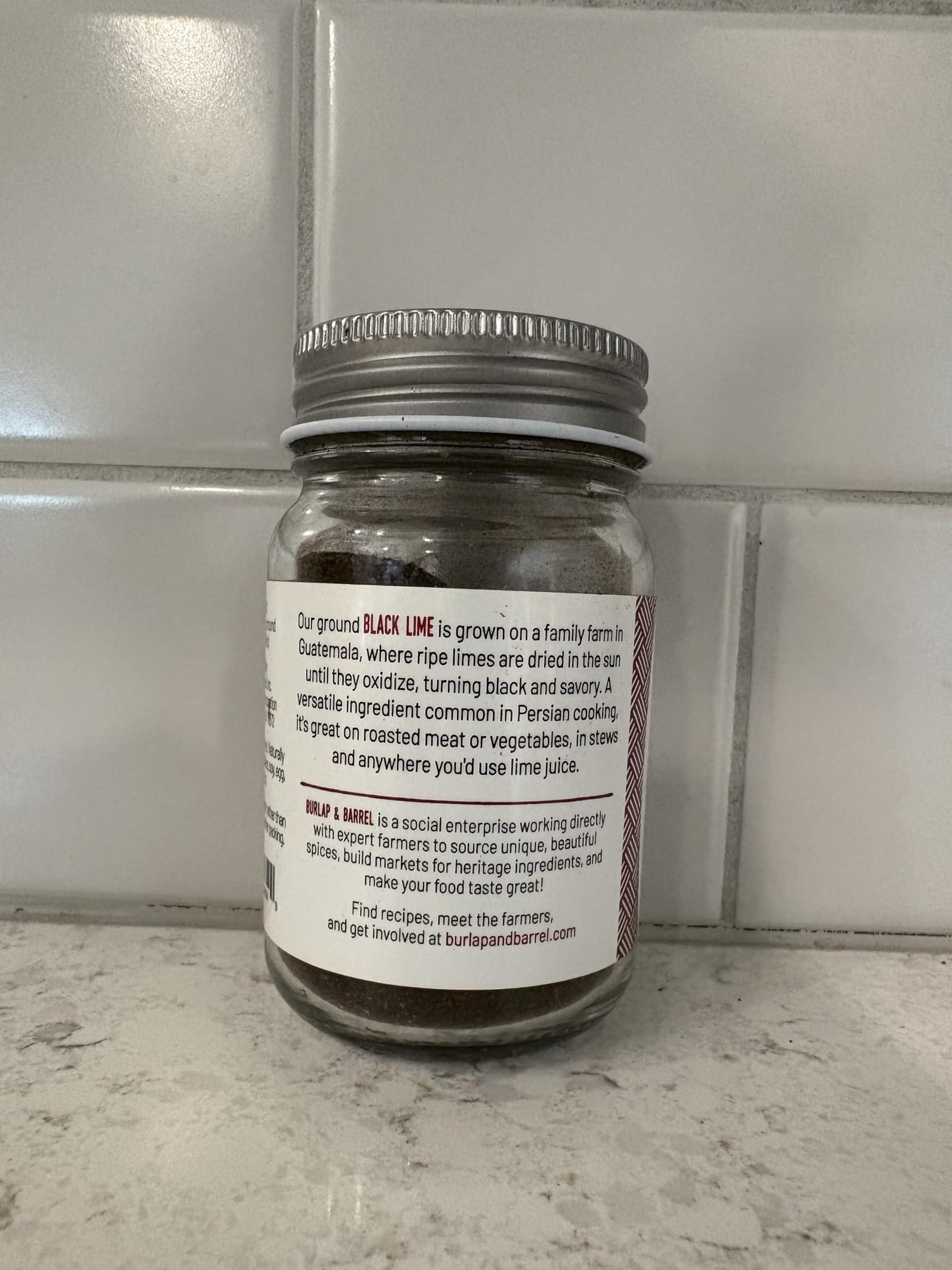 Burlap & Barrel Burlap & Barrel - Ground Black Lime - As seen on Shark Tank! Tart and Savory Great for Roasted Meats, Veggies, Stews, Kebabs - Great Alternative to Makrut Leaf in Recipies - 2.8oz Glass Jar