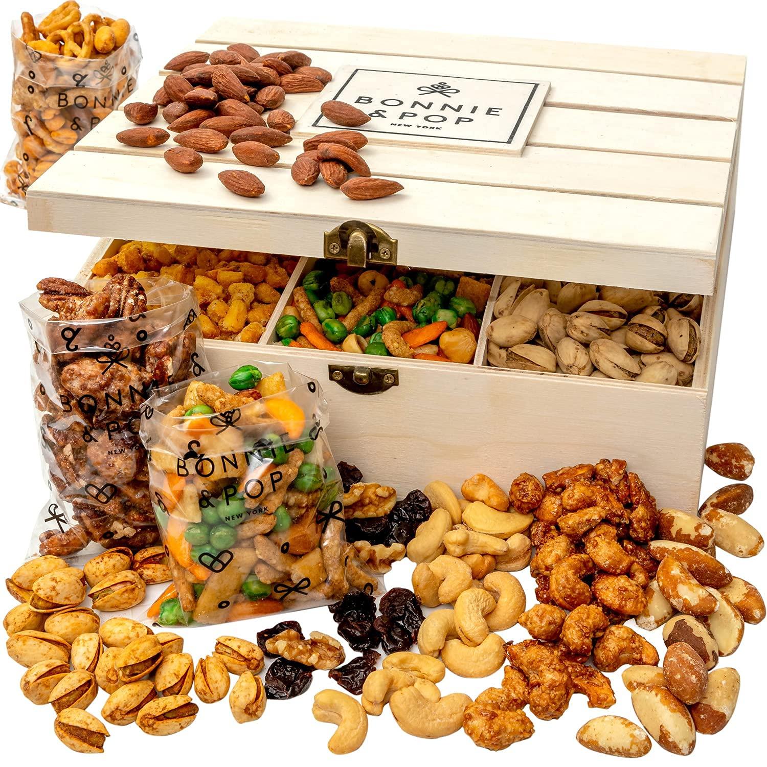 BONNIE AND POP Nut Gift Basket | Healthy Valentines Day Gift of Assorted Nuts in Reusable Wood Crate | Large Variety Tray with Unique Flavors | Parties, Holidays, Birthday, Sympathy, Office, Thank You, Him, Her | Bonnie & Pop