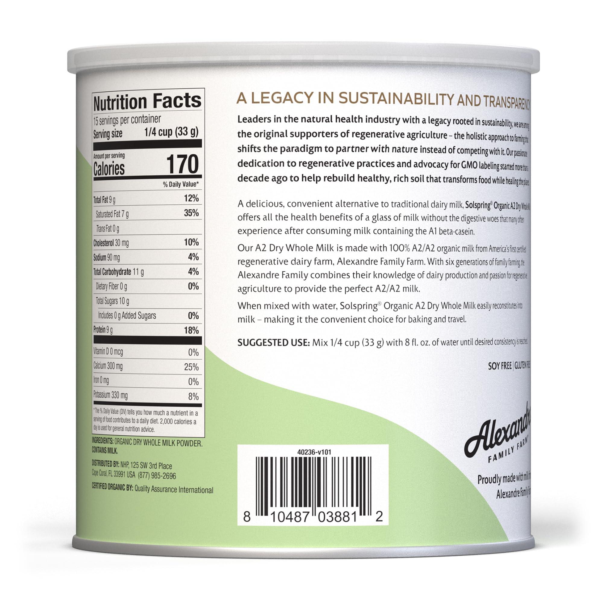 Dr. Mercola Solspring Organic A2 Dry Whole Milk, 15 Servings, 17.4 Oz. (495 g), Contains 26% Milk Fat, Gluten Free, Soy Free, Certified USDA Organic, Dr. Mercola