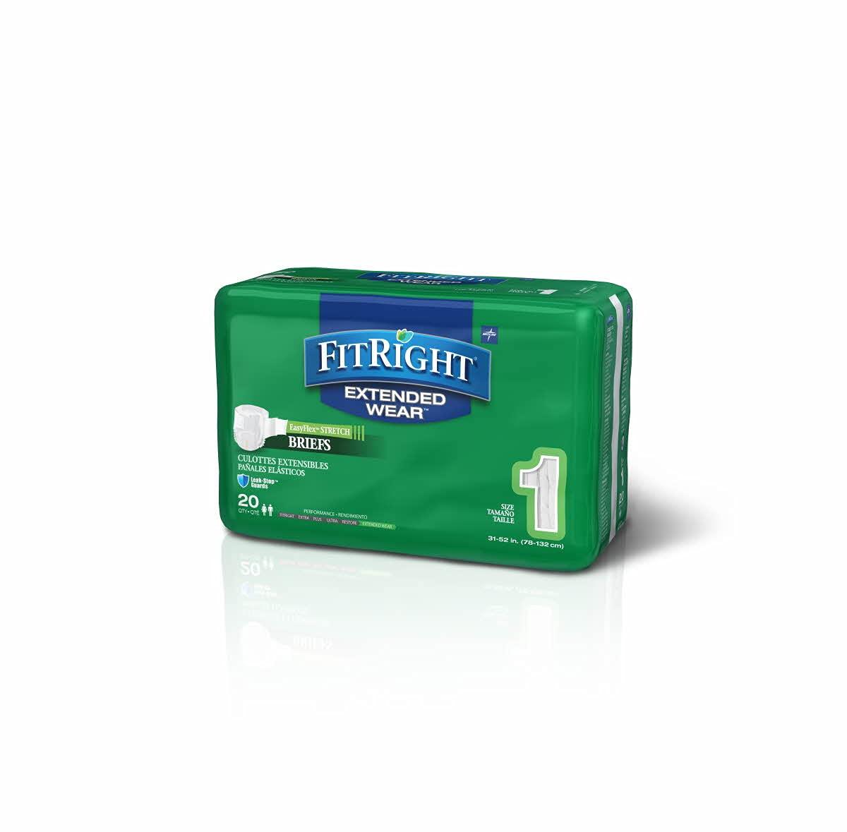 Medline Medline FitRight Extended Wear Stretch Briefs, Overnight Adult Diapers with Tabs, Size 1 (Bag of 20)