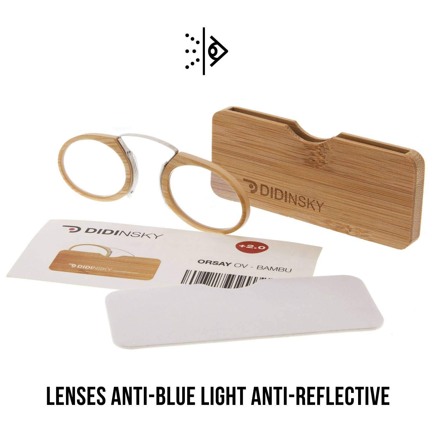DIDINSKY READING GLASSES DIDINSKY Reading Blue Light Blocking Armless Glasses. Real BAMBOO Frame and Case. Ultra-light, Thin and Strong Pocket Glasses. Power +2.0  ORSAY BAMBU
