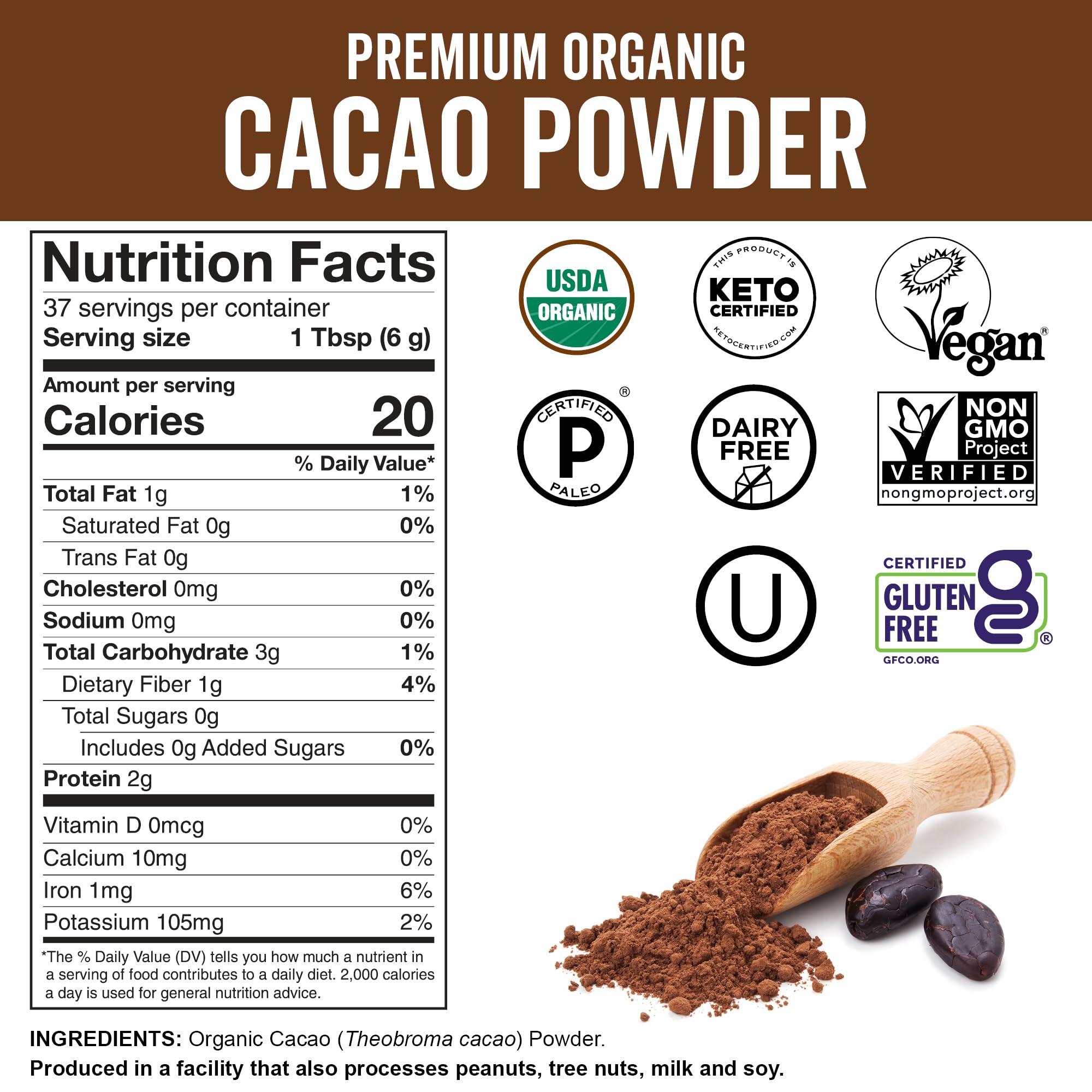 Viva Naturals Viva Naturals Organic Cacao Powder, 8 oz - Unsweetened Cocoa Powder With Rich Dark Chocolate Flavor, Perfect for Baking & Smoothies - Certified Vegan, Keto & Paleo, Non-GMO & Gluten-Free, 227 g