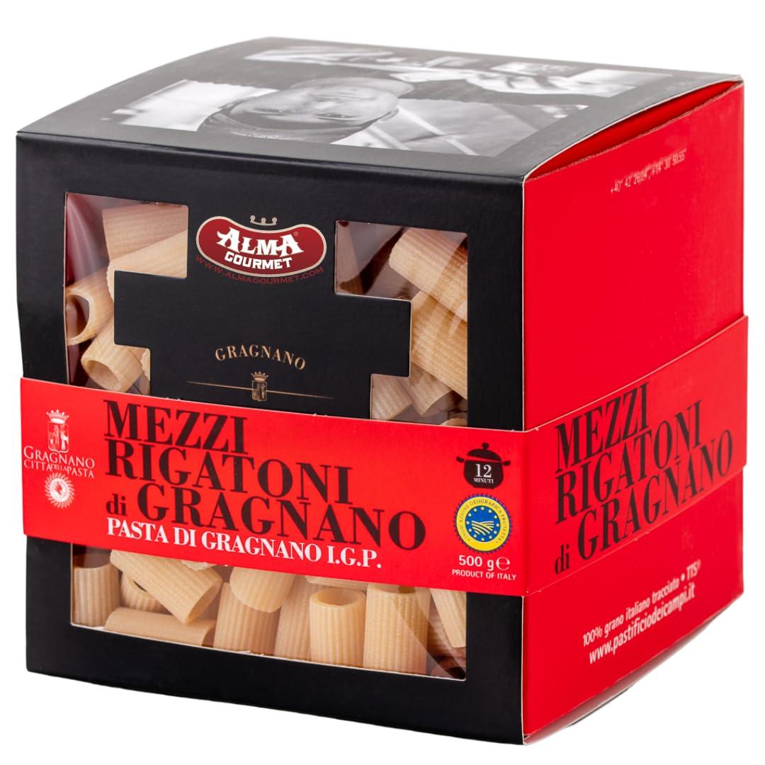 Alma Gourmet Italian Mezzi Rigatoni di Gragnano IGP - Authentic Pasta di Gragnano Imported - Certified Made in Italy - 100% Italian Wheat - Slow Dried, Excellent Firmness - Pastificio dei Campi - 17.6oz Pack of 1