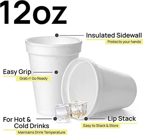 Shop Square 12 Oz Disposable Foam Cups (100 Pack), White Foam Cup Insulates Hot & Cold Beverages, Made in the USA, To-Go Cups - for Coffee, Tea, Hot Cocoa, Soup, Broth, Smoothie, Soda, Juice
