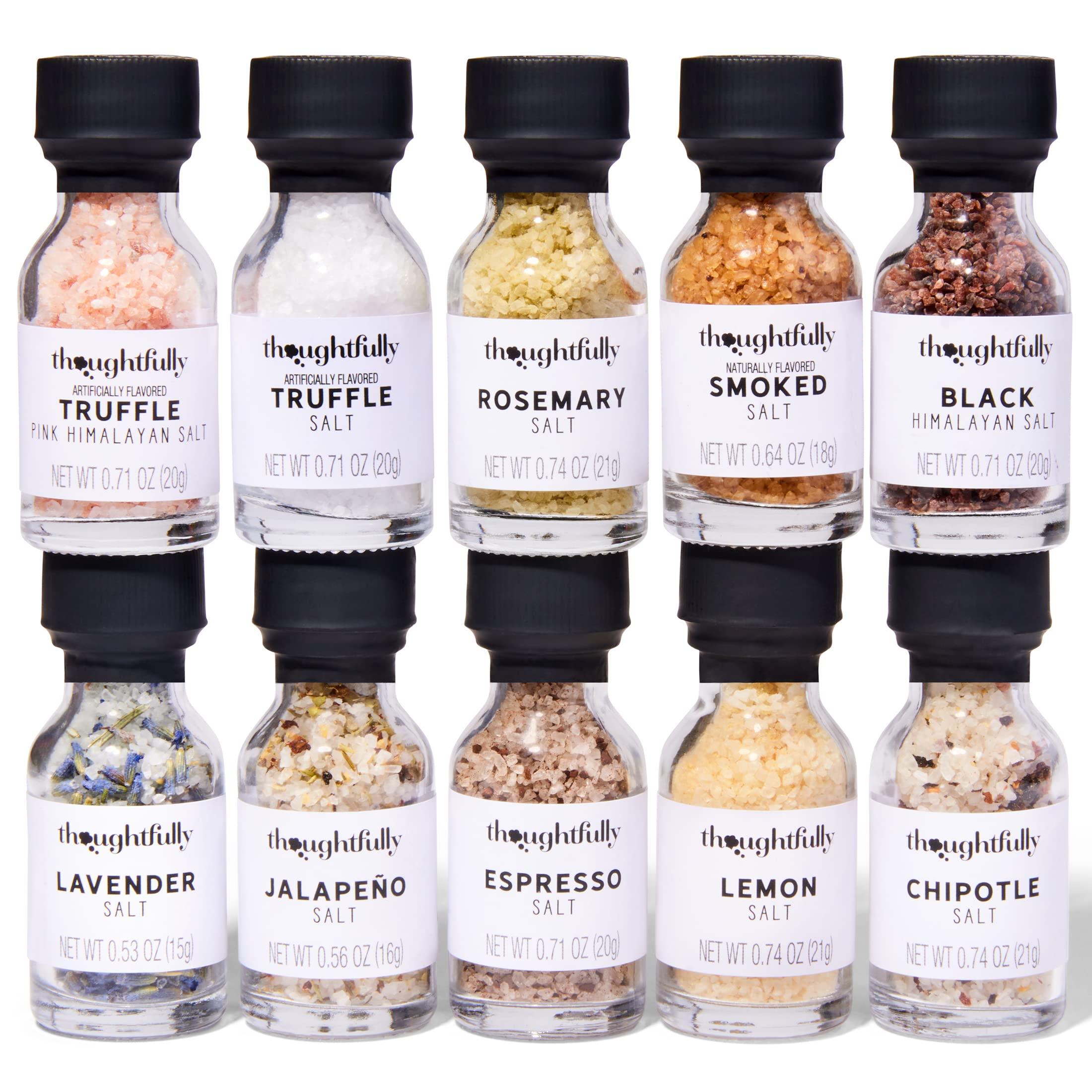 Thoughtfully Thoughtfully Gourmet, Gourmet Cooking Salt Sampler Gift Set, Gourmet Seasoning Salts In Glass Bottles, Flavors Include Smoked, Lavender, Rosemary, Truffle, Lemon, Chipotle and More, Set of 10