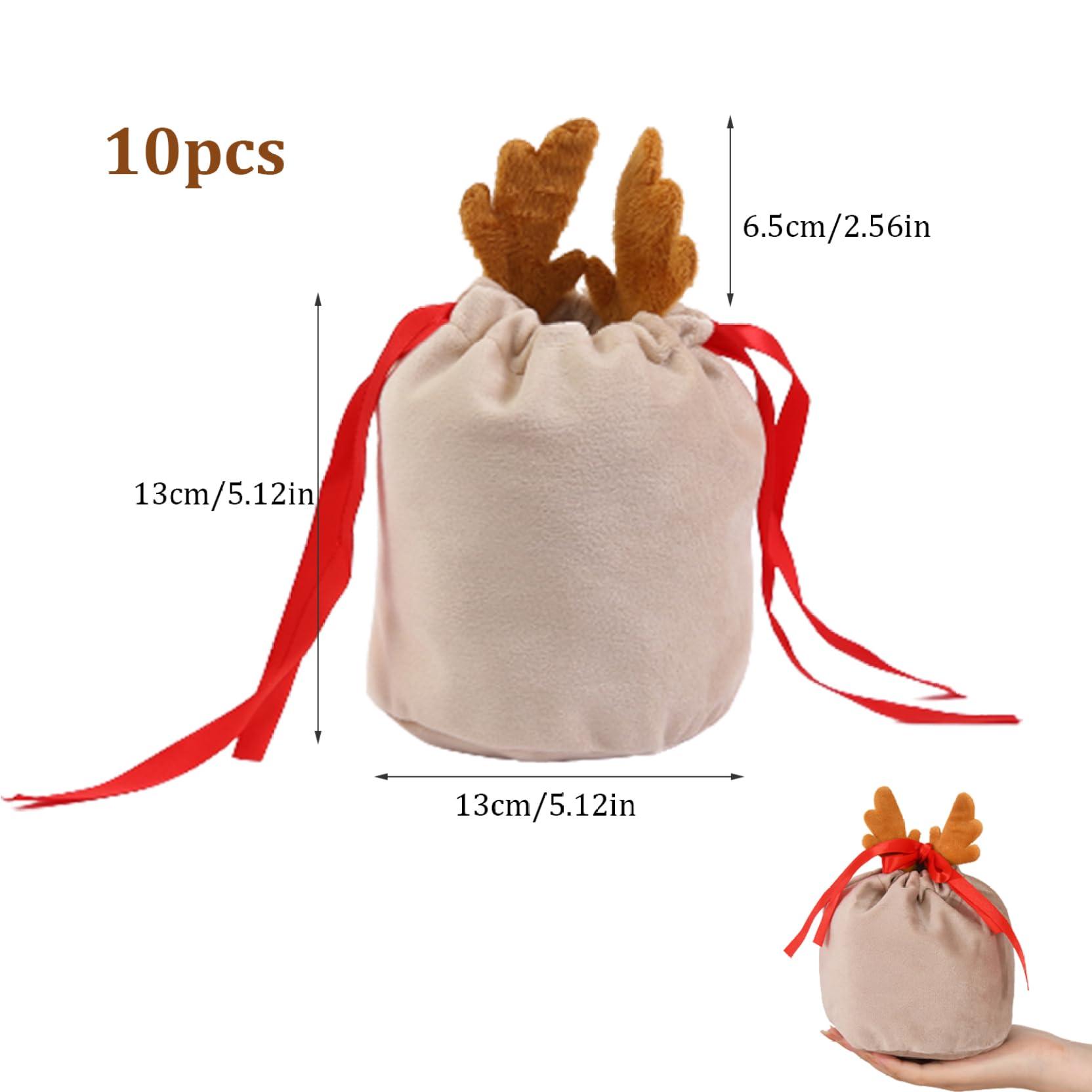 KUYYFDS KUYYFDS Christmas Gift Bags Multipack Xmas Drawstring Gift Bags 10PCS Cute Antlers Velvet Christmas Candy Wrapping Bags Small Christmas Treat Bags for New Year Presents Holiday Party Favors